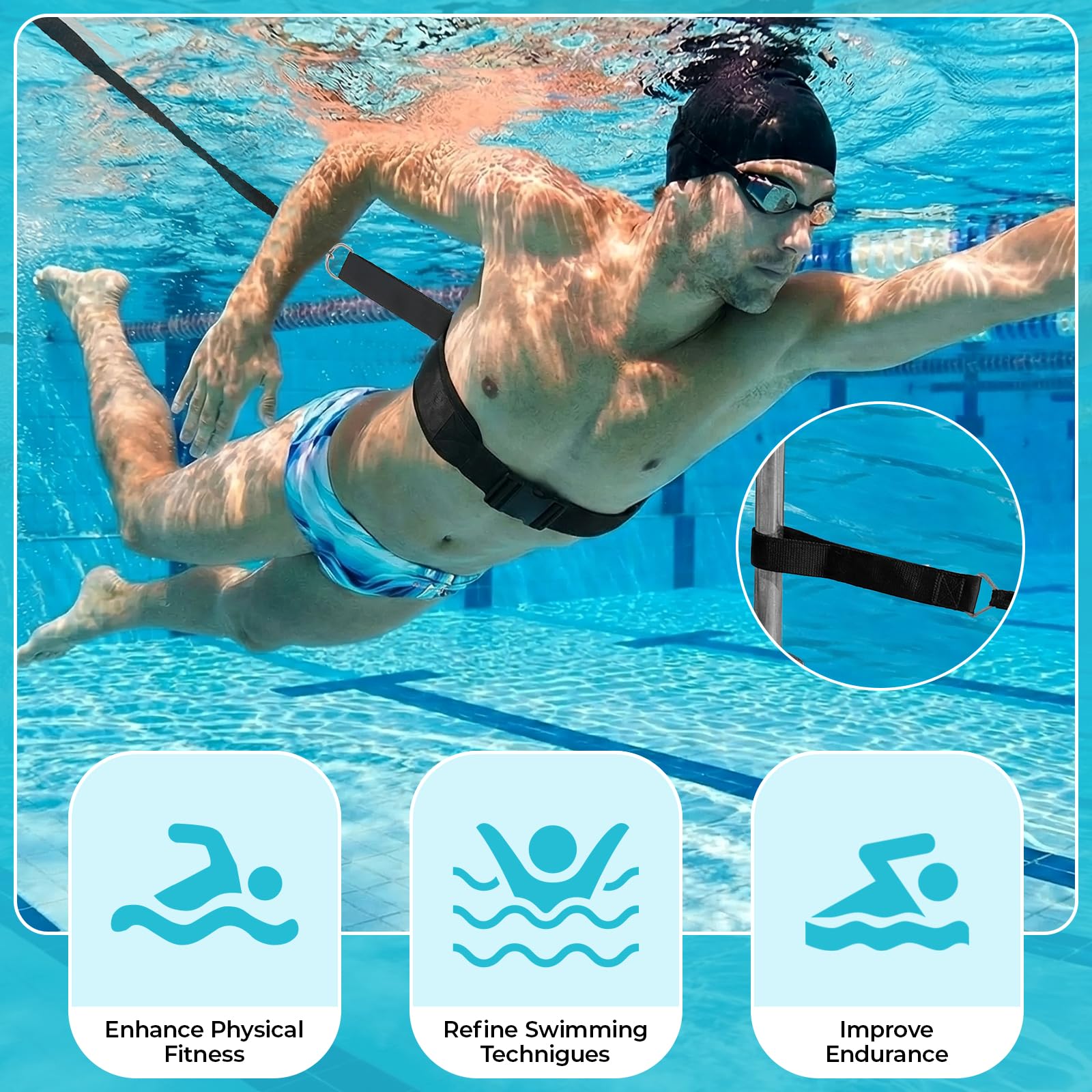 LIFERUN Cintura Aquagym Regolabile – Fascia Resistenza in Lattice Naturale – Neoprene e Fibbia a Sgancio Rapido – Per Nuoto, Aquafitness e Riabilitazione – Per Piscina Interna ed Esterna