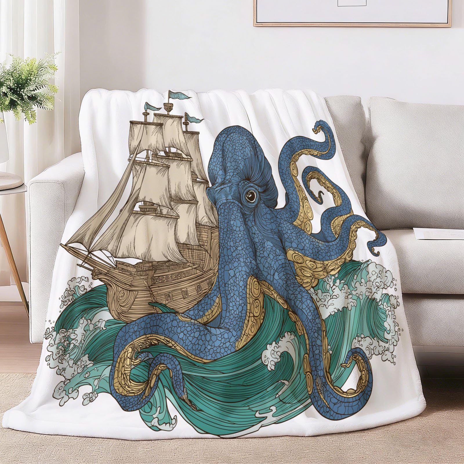 Coperta sherpa retrò costiera con stampa a onde di polpo a vela reversibile e morbida coperta in pile accogliente, 180 x 200 cm, per biancheria da letto, divano, letto, decorazione per la casa, blu
