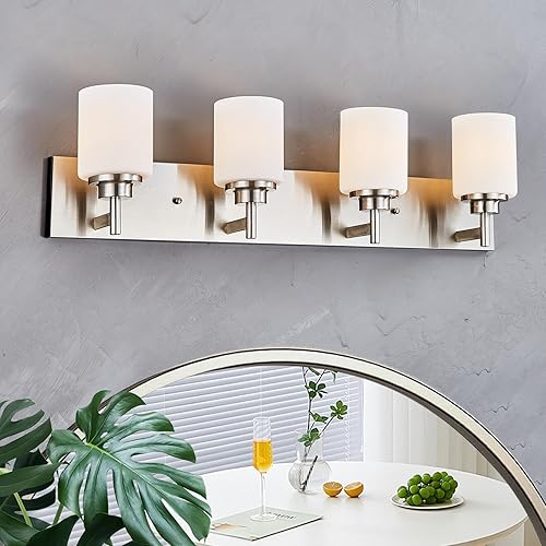 Lámpara de tocador de baño, níquel cepillado, 4 luces de 32 pulgadas, montaje desplazado, aplique de pared moderno, vidrio blanco y placa trasera