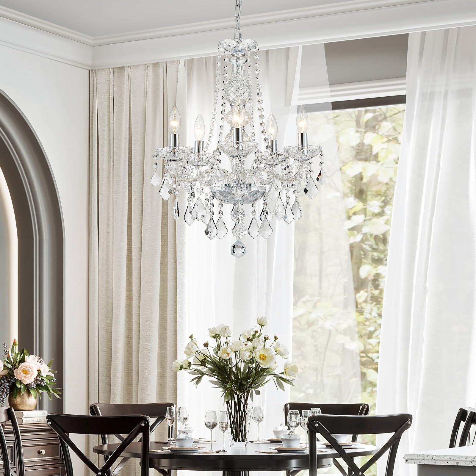 WUZUPS Crystal 5-Light Candle Chandelier Colgante Flushmount Luz de techo Instalación de iluminación moderna para dormitorio Pasillo Bar Cocina Baño, H 63.5cm x W 50.8cm, Chrome, Base E14
