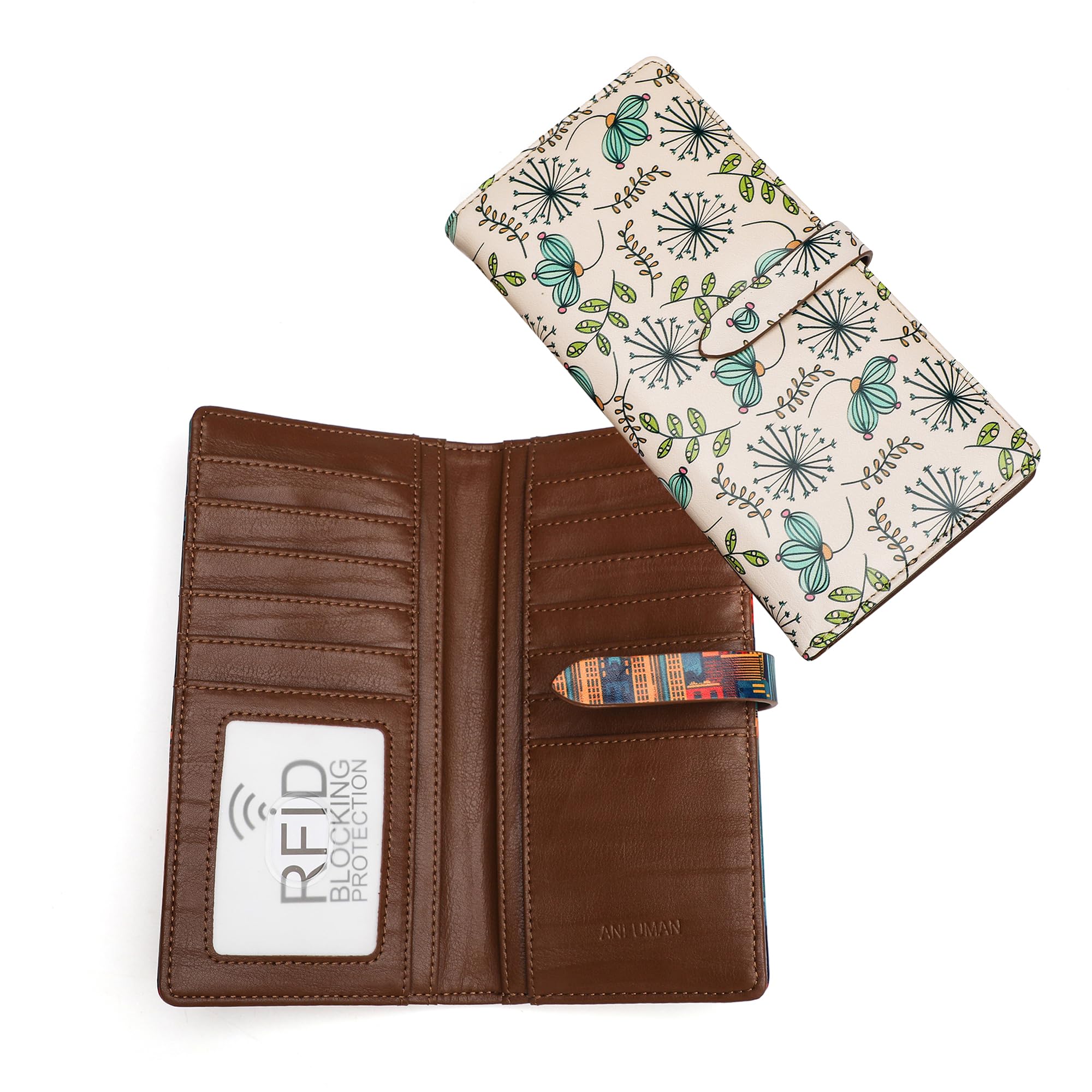 ANFUMAN Slim Wallets for Women Credit Card Holder RFID Bifold Clutch Long Ladies Billfold Wallets with Zipper Coin Pocket ID Window Cactus