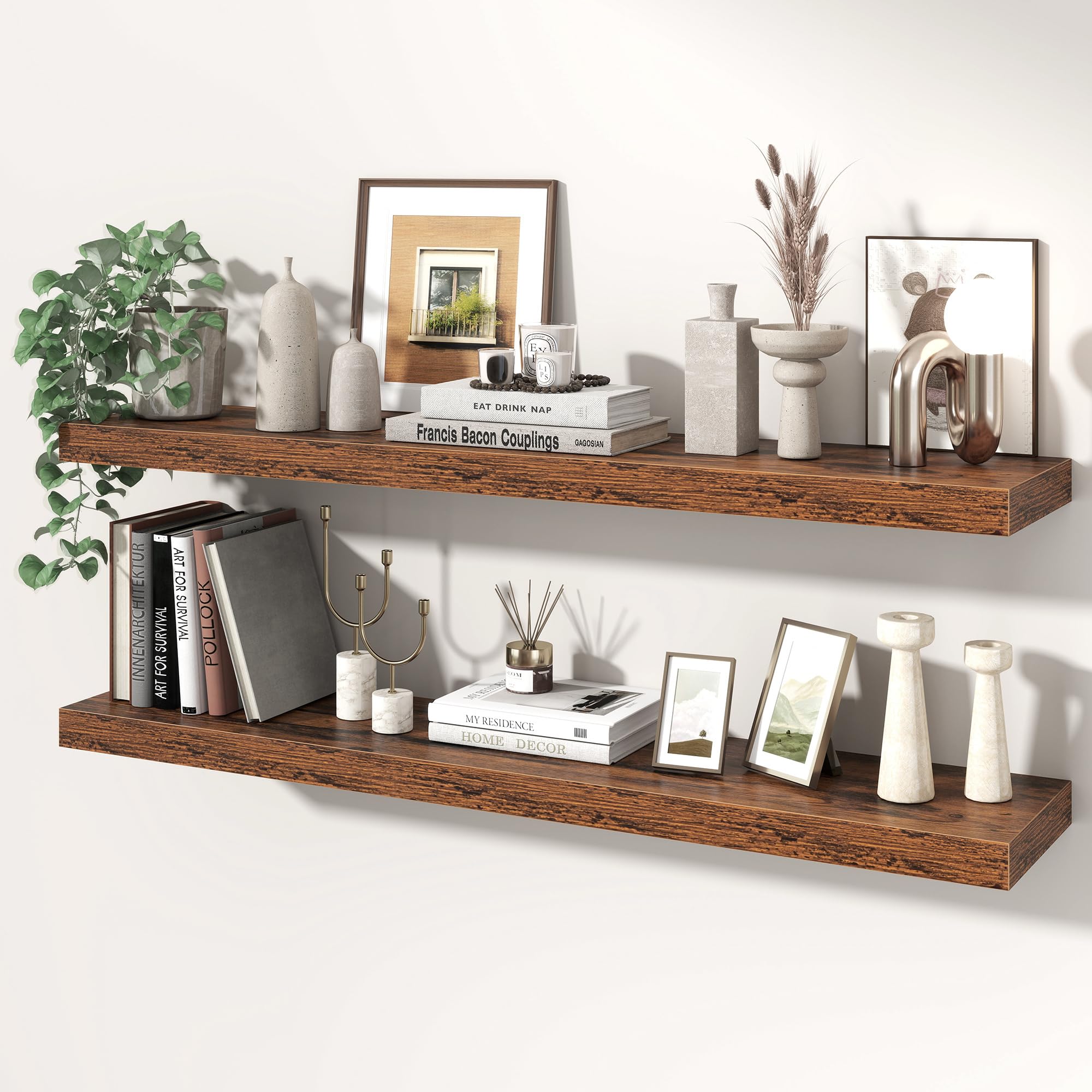 Axeman 100cm Floating Shelves for Wall 2 Pack Shelves for Bedroom|Kitchen|Bathroom Wall Mounted Rustic Wood Floating Shelf with Invisible Brackets for Books|Storage|Decor, Rustic Brown, 20cm Deep