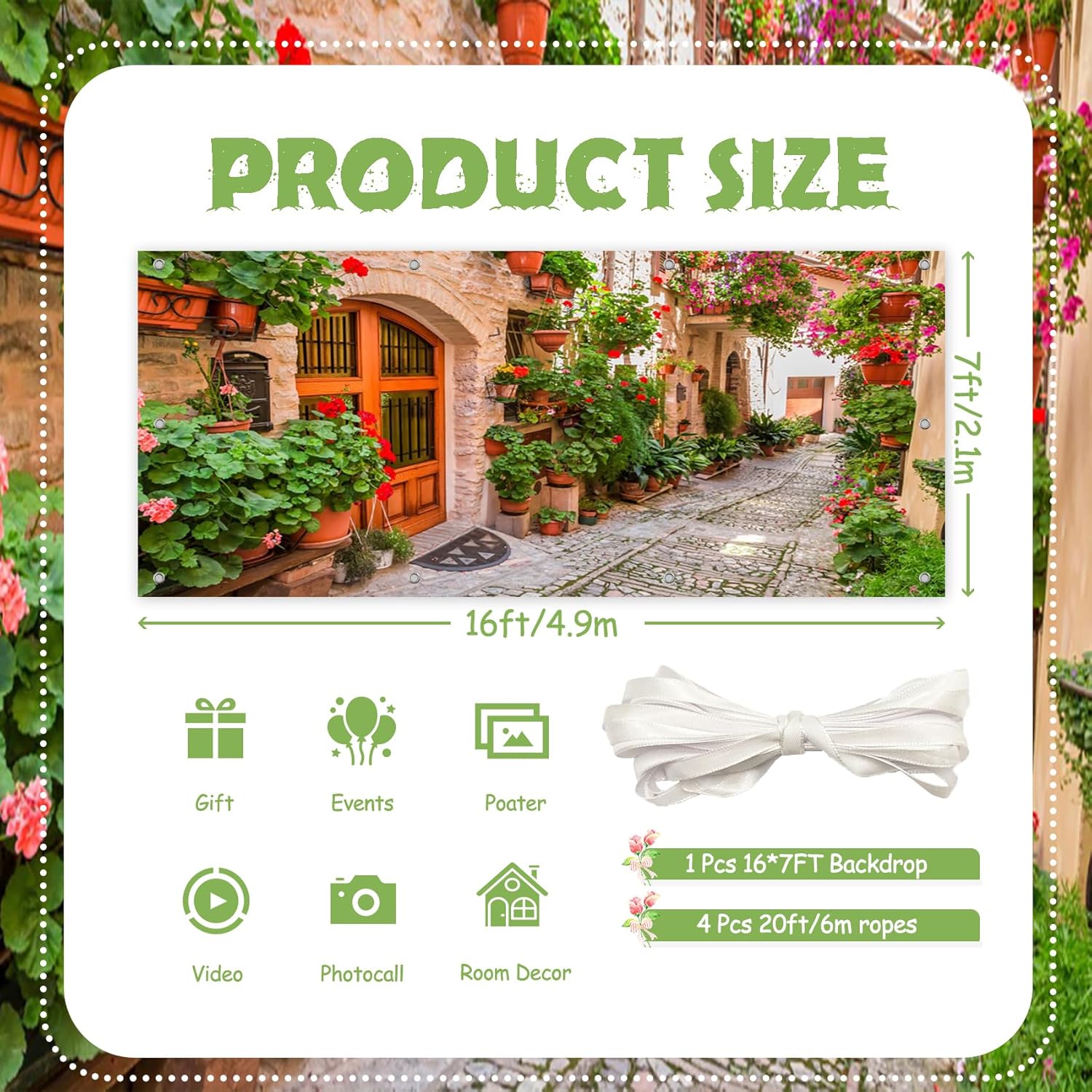 CSFOTO 7x16ft Italian Town Street Theme Garage Door Decoration Banner Tuscany Flowers Street Narrow Alley Outdoor Garage Decoration Mural Spring Holiday Travel Picture Shoot Wallpaper