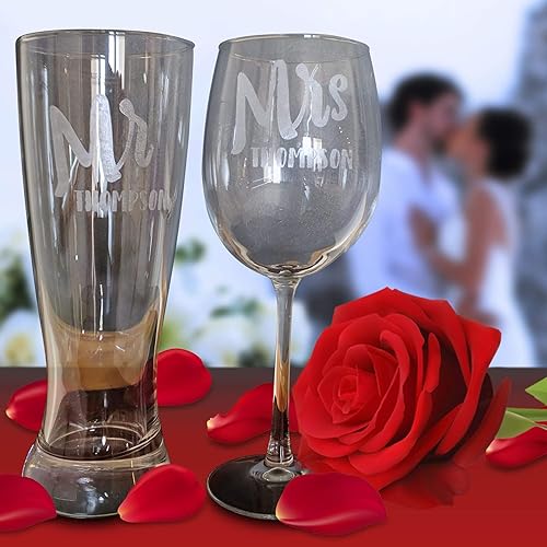 Miniatura 3 de Juego de copas de cerveza y vino personalizadas para parejas Mr & Mrs - Juego de 2 en caja de regalo  Vasos de brindis de boda grabados