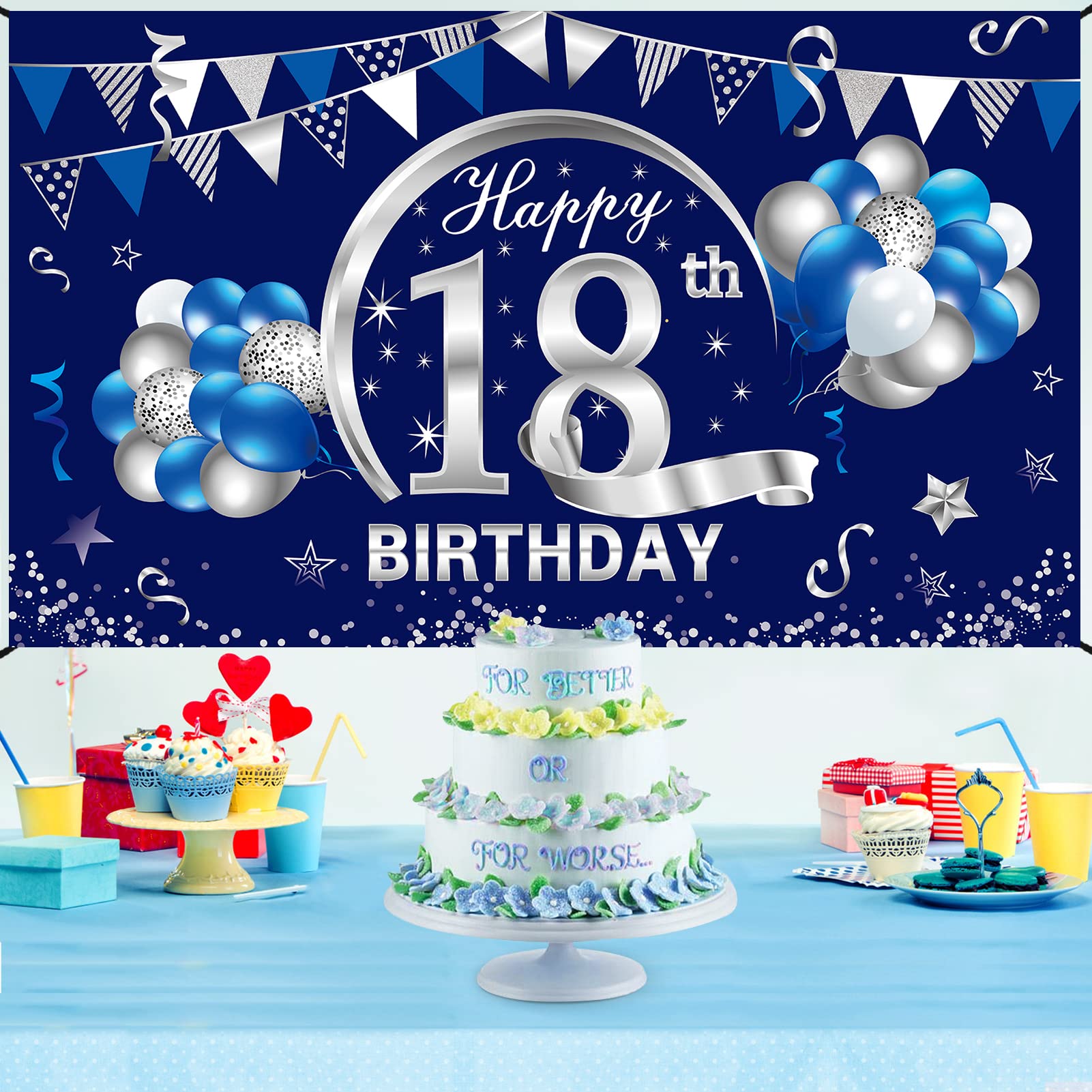 18. Geburtstag Banner – Happy 18th Birthday – 185 X 110 Cm – Blau/silber – Foto-Hintergrund – Wiederverwendbar 18. Geburtstag Banner – Happy 18th Birthday – 185 X 110 Cm – Blau/silber – Foto-Hintergrund – Wiederverwendbar