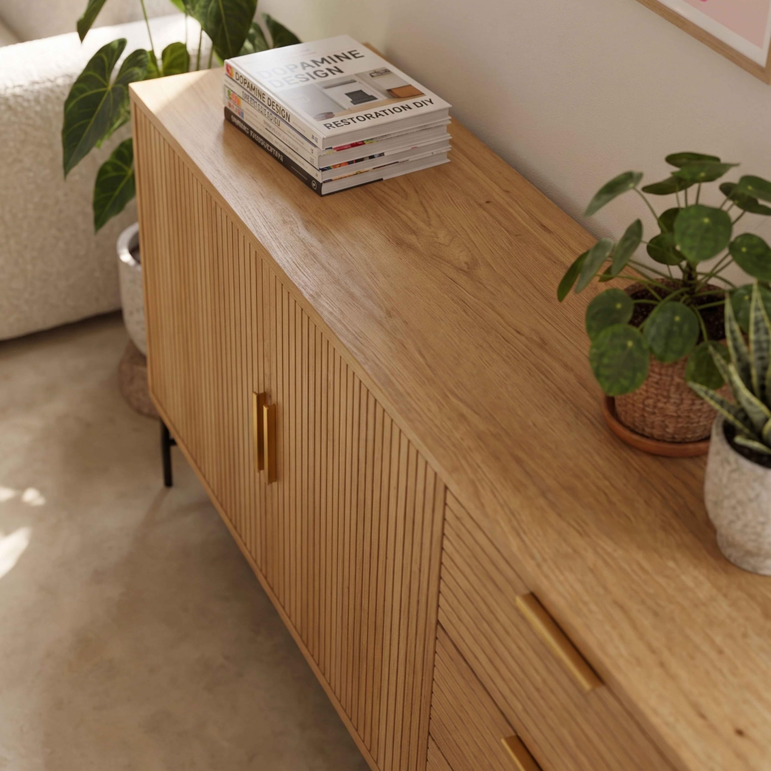 Oviala Buffet 2 Portes et 3 tiroirs en mélaminé et Acier 160 cm Beige