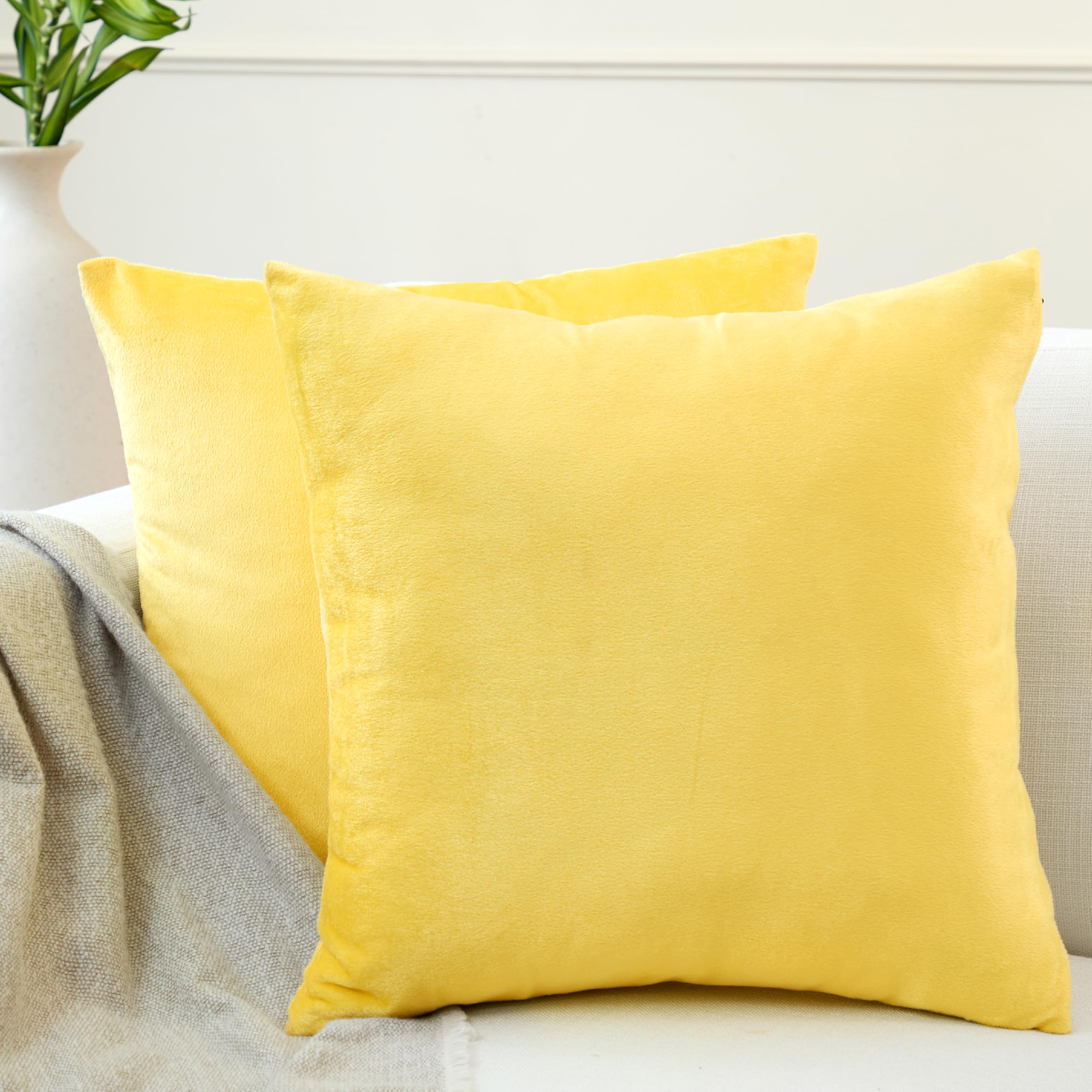 Encasa XO Velvet Cushion Covers (45x45 cm) Set of 02 | Lemon Yellow | Luxurious Square Velvet Throw Pillow Covers With Invisible Zippers | Living Room, Sofa, Chair