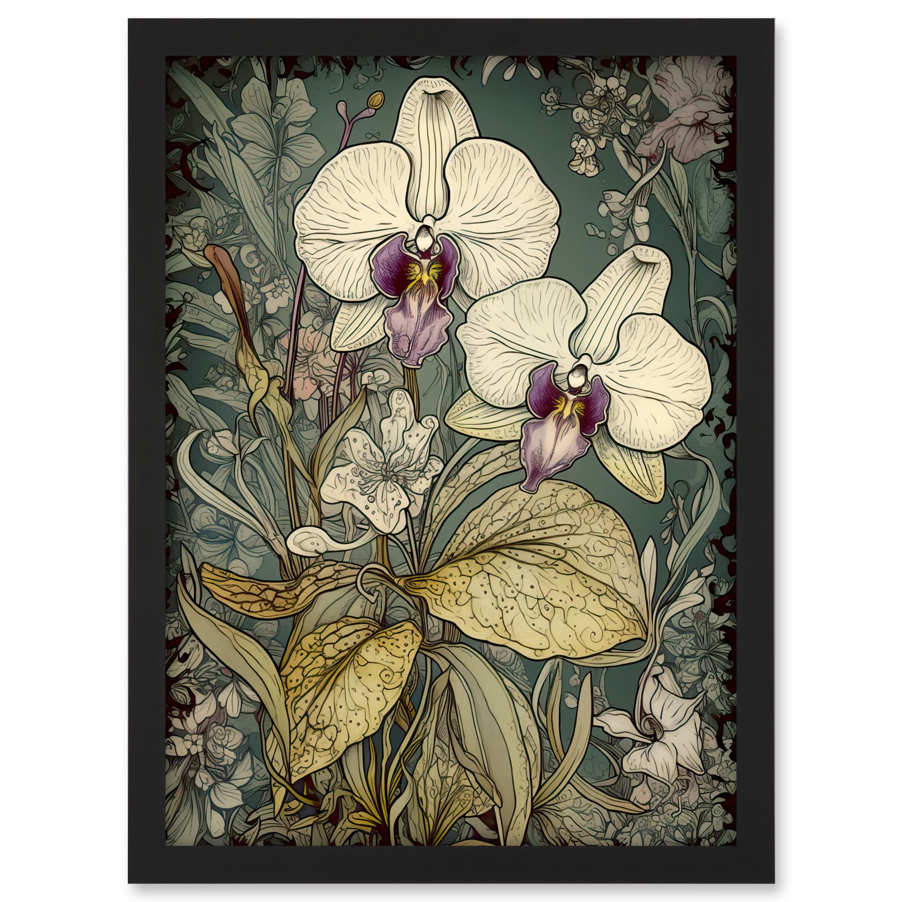 Artery8 William Morris Style White and Purple Orchid Artwork Framed A3 Wall Art Print