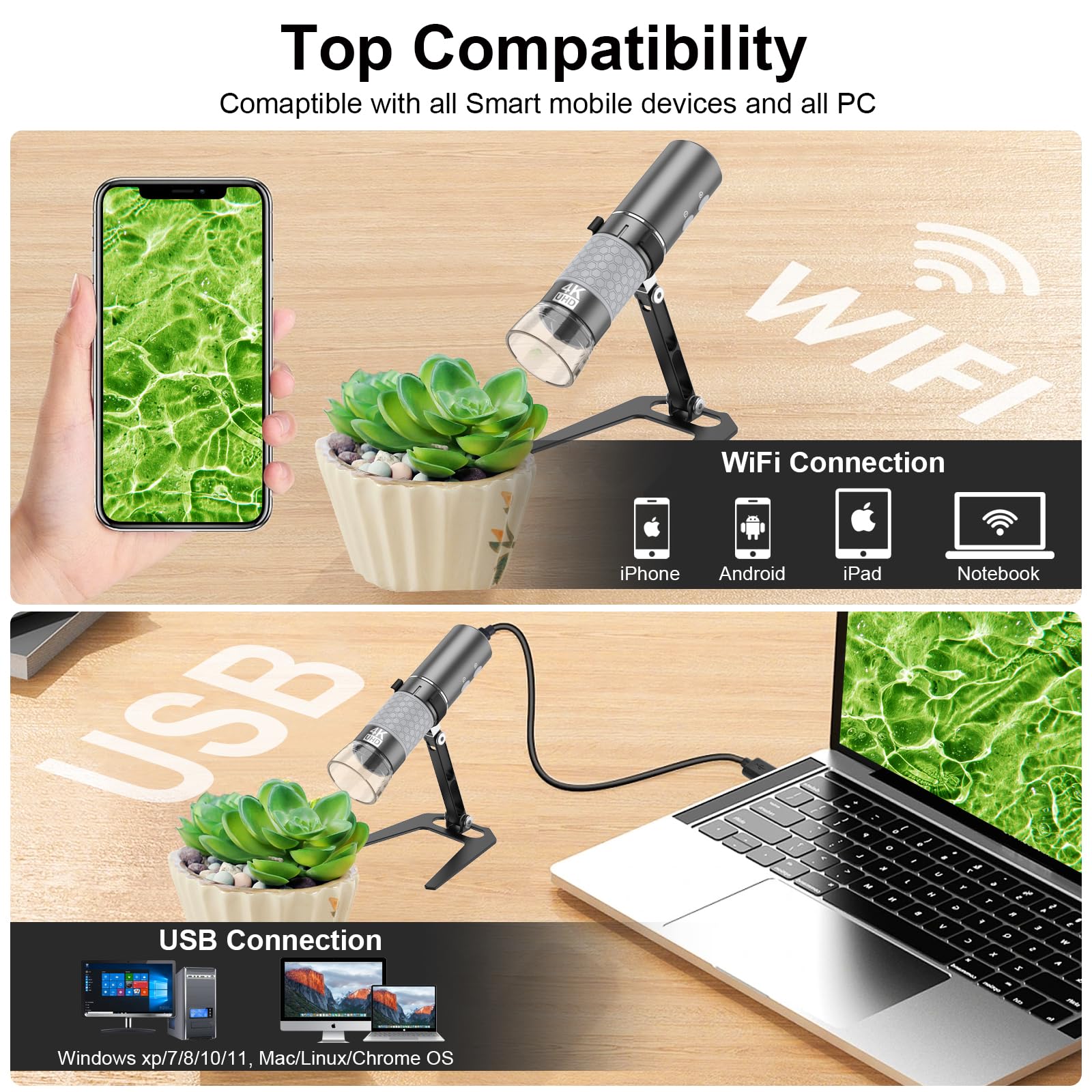 Cainda HD 4K 3840x2160P WiFi Digital Microscope Camera for iPhone Android Phone and Windows Mac PC, Wireless Handheld Microscope, Portable Microscope with Stand for Adults and Children