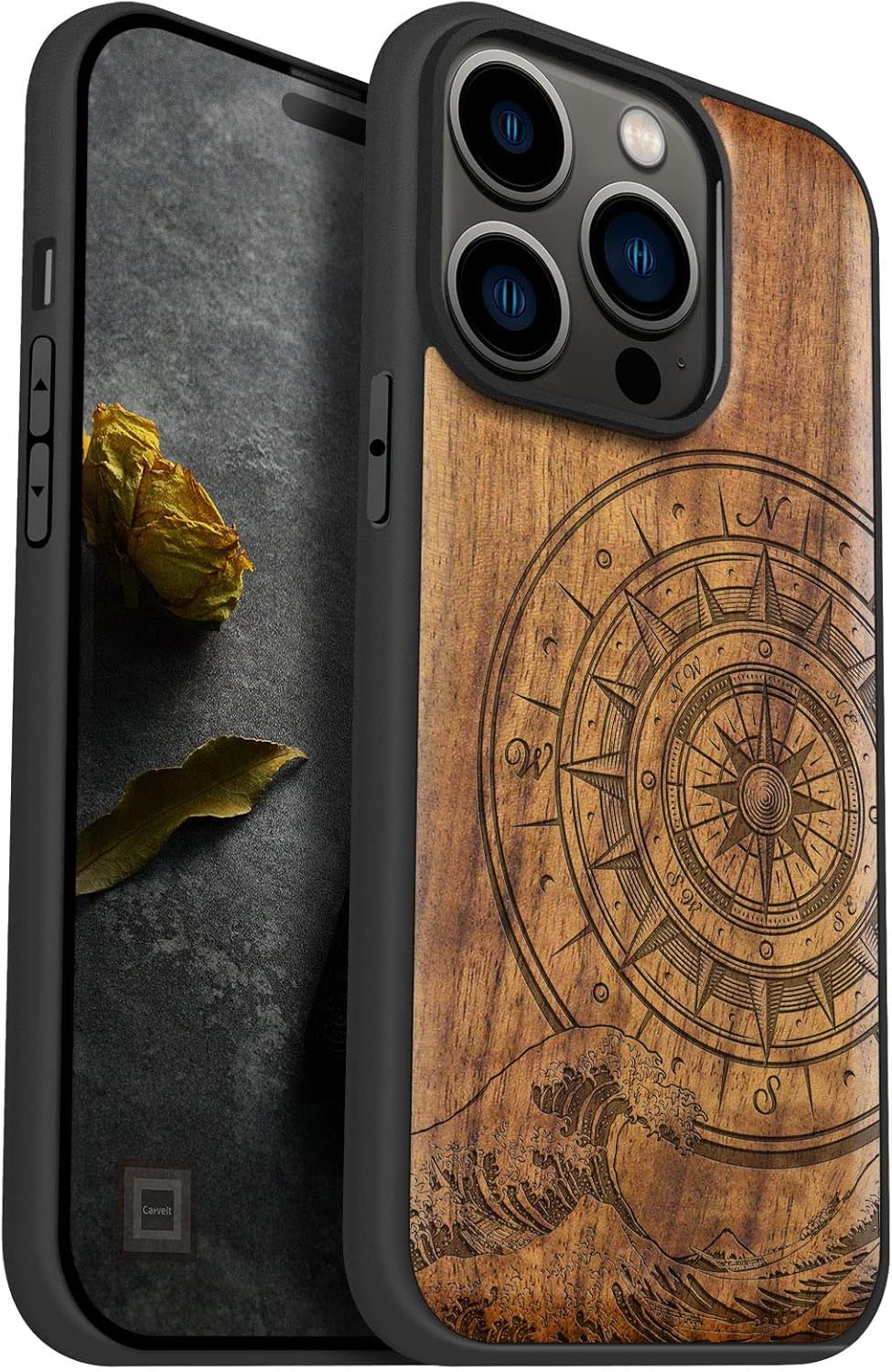Carveit Magnetic Wood Case for iPhone 14 Pro Case [Natural Wood & Black Soft TPU] Unique & Classy Wooden Shockproof Protective Cover Compatible with magsafe (Waves & Compass -Walnut)