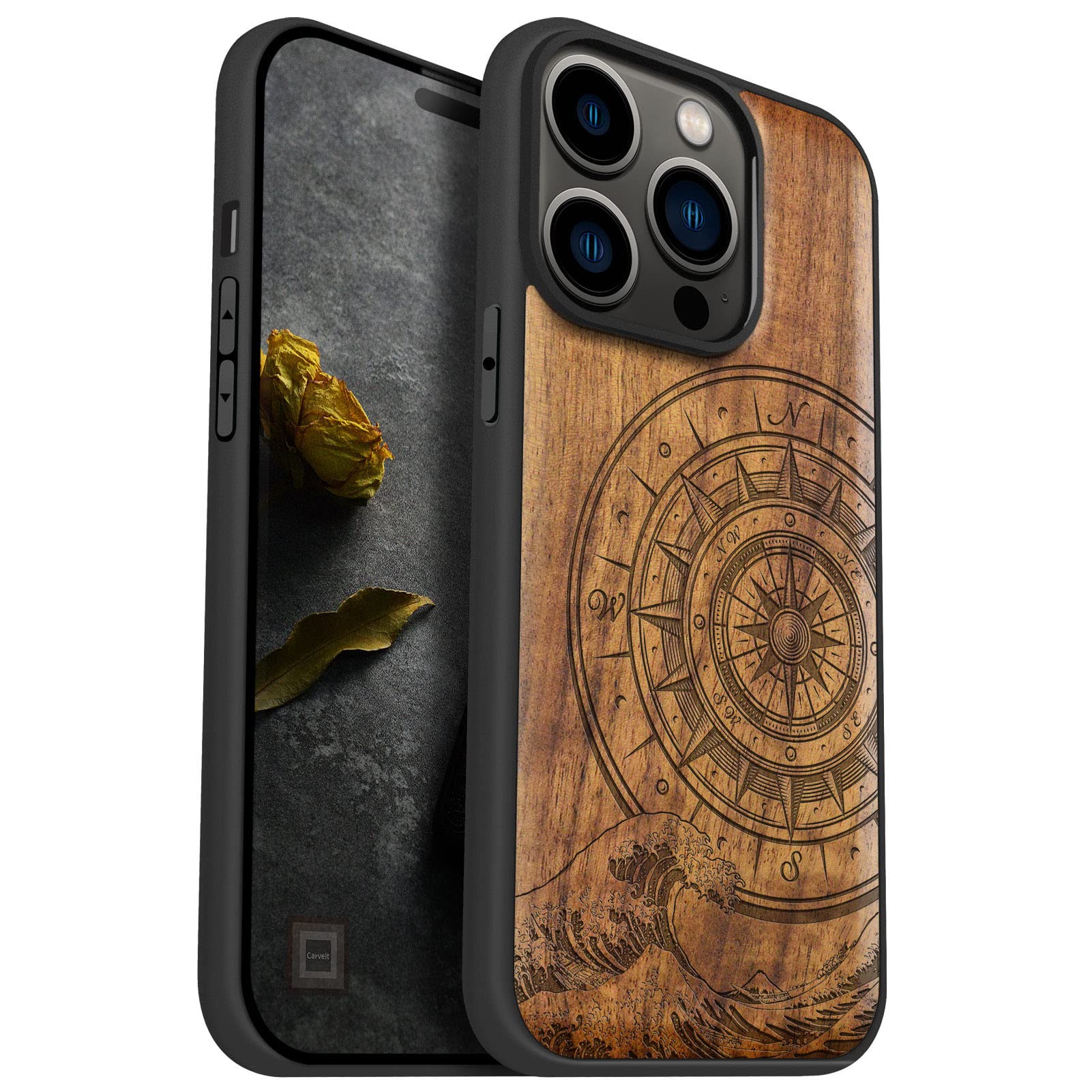 Carveit Custodia per iPhone 14 Pro Cover avec magnetico Cover Legno Unique [Noce Legno] Ricarica Compatibile con 14 Pro MagSafe Paraurti Robusto TPU (La bussola al largo delle grandi onde)