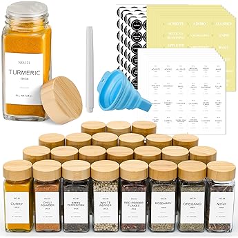 SAVVY & SORTED Glass Spice Jars with Label, 24PK Bamboo Jar Spices Set 4oz, 374 Spice Labels, Pepper Grinder, Empty Herb Seasoning Containers, Funnel and Shaker Lids