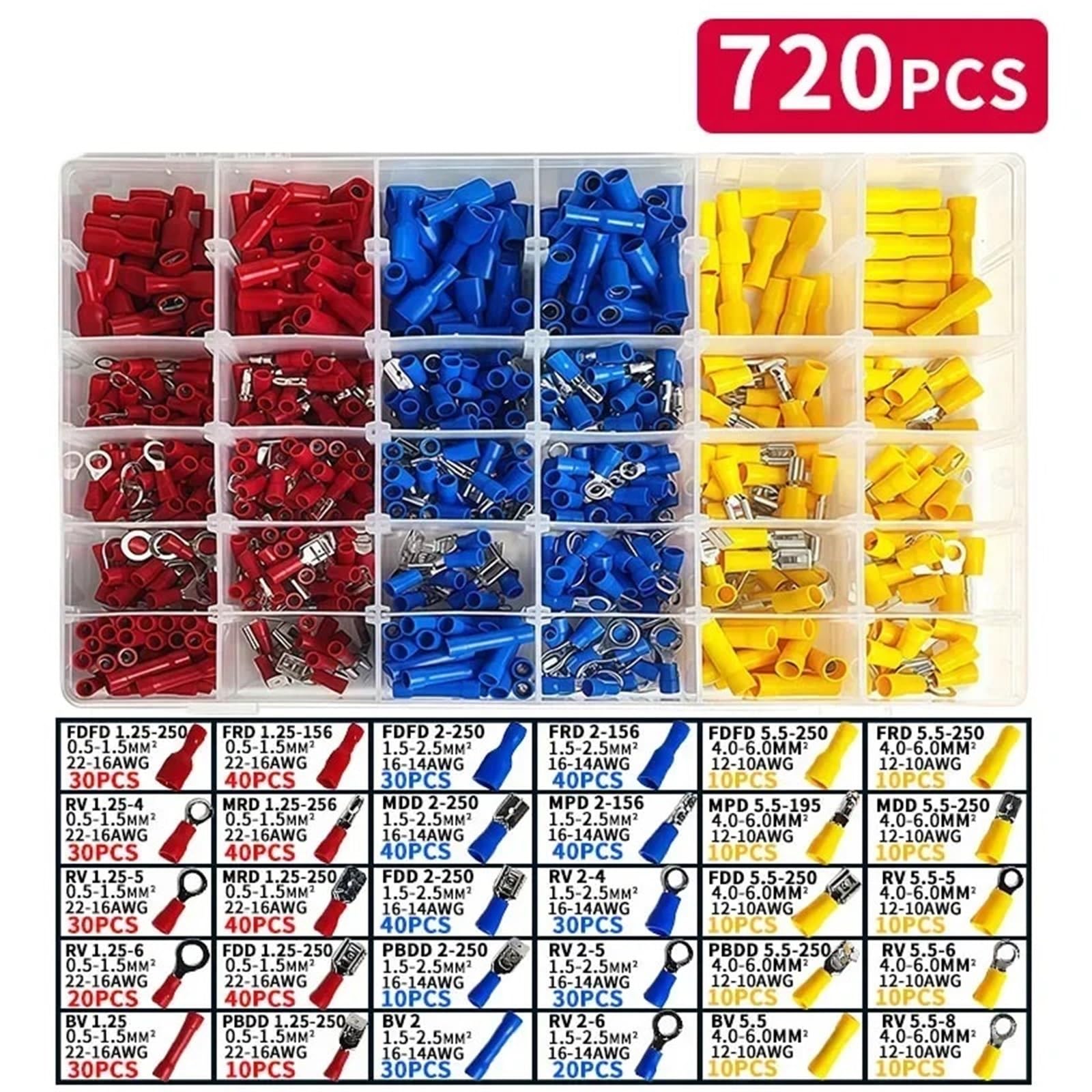 Kit de terminales conexión rápida 280/480/720/1200/1500 piezas: horquilla/anillo/pala prensados ​​en frío for sistemas cableado CC bajo voltaje Para Automóviles y Decoración Del Hogar