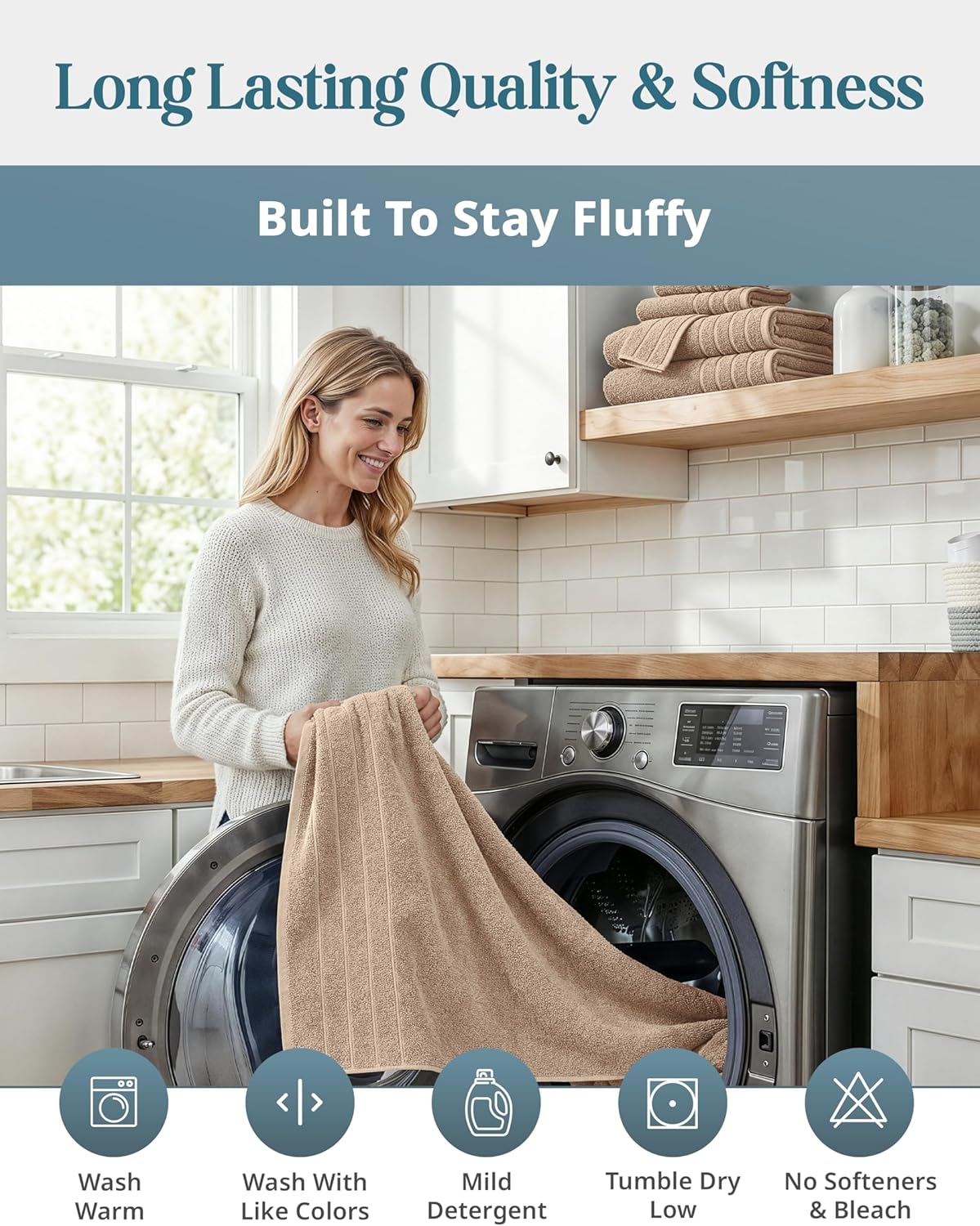 Casa Platino 100% Luxury Cotton Bathroom Towel Set 8 Pcs - Super Soft & Highly Absorbent - 2 Bath, 4 Washcloths, 2 Hand Towels for Bathroom - Oeko TEX Certified, Fade Resistant, Luxury Look - Beige - Image 8