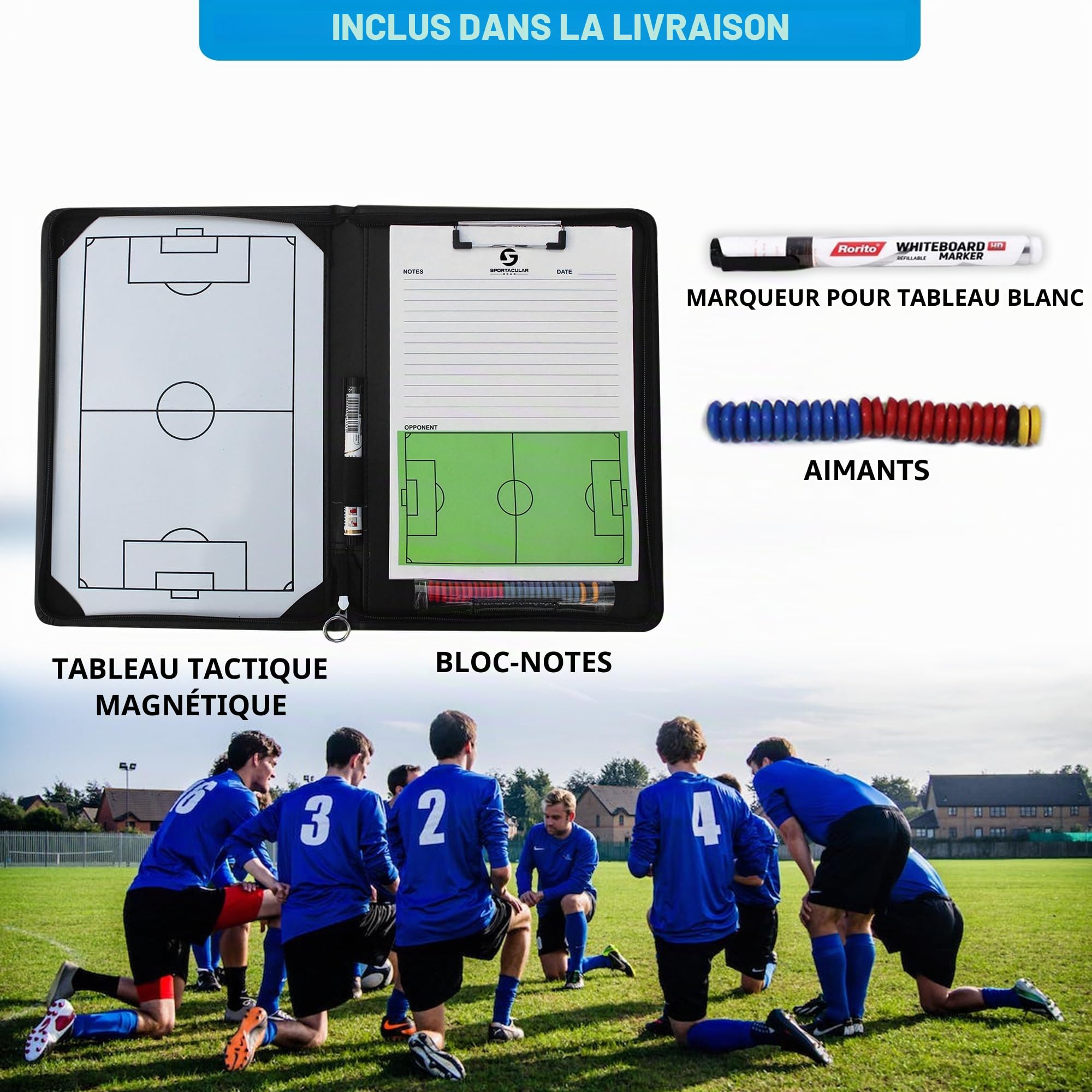 dossier de l'entraîneur de football avec tableau tactique et accessoires | Pochette d'entraînement | Classeur tactique pour entraîneur de football |