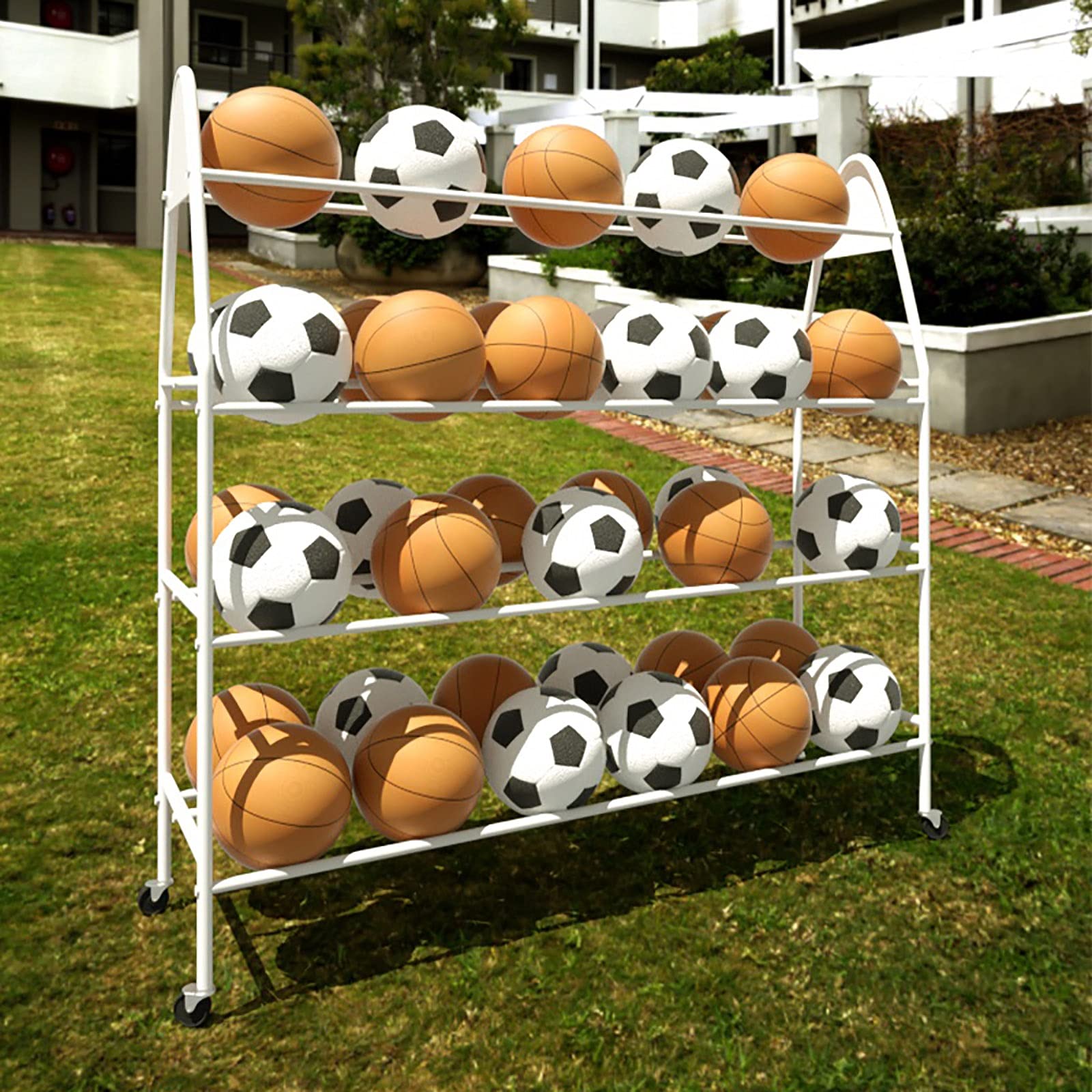 Estante de almacenamiento de 4 niveles para equipos deportivos, nizer duradero para fútbol, baloncesto, voleibol, equipo de gimnasio y suministros escolares, diseño móvil para un fácil acceso