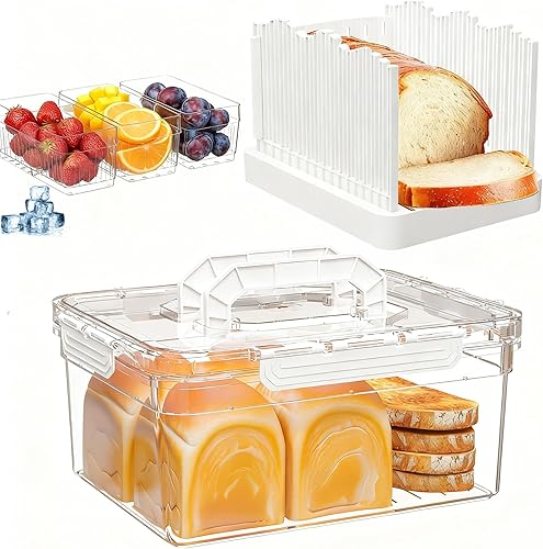 Bread Box with Slicer & Ice Chilled Condiment Caddy, Portable Airtight Bread Storage Container with Lid Handle for Kitchen Counter, Bread Keeper for Homemade Bread,Toast, Bagel, Cookies, White