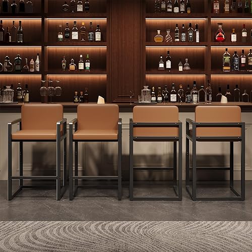 Miniatura 7 de HOOBRO Juego de 2 taburetes de bar de 26 pulgadas de altura de mostrador con tapizado de poliuretano, taburetes de desayuno con reposabrazos y