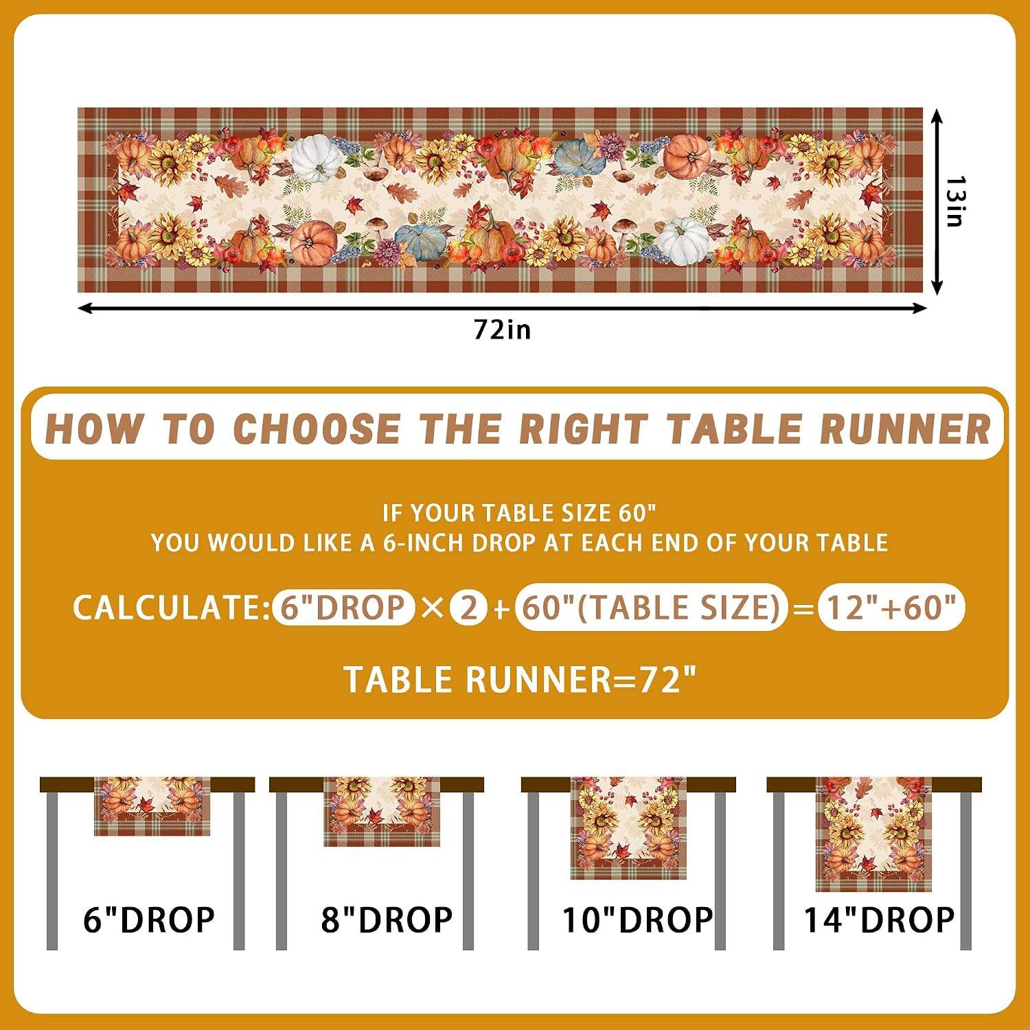 pinata Fall Table Runner 72, Orange Fall Runner for Table, Kitchen, Dining
