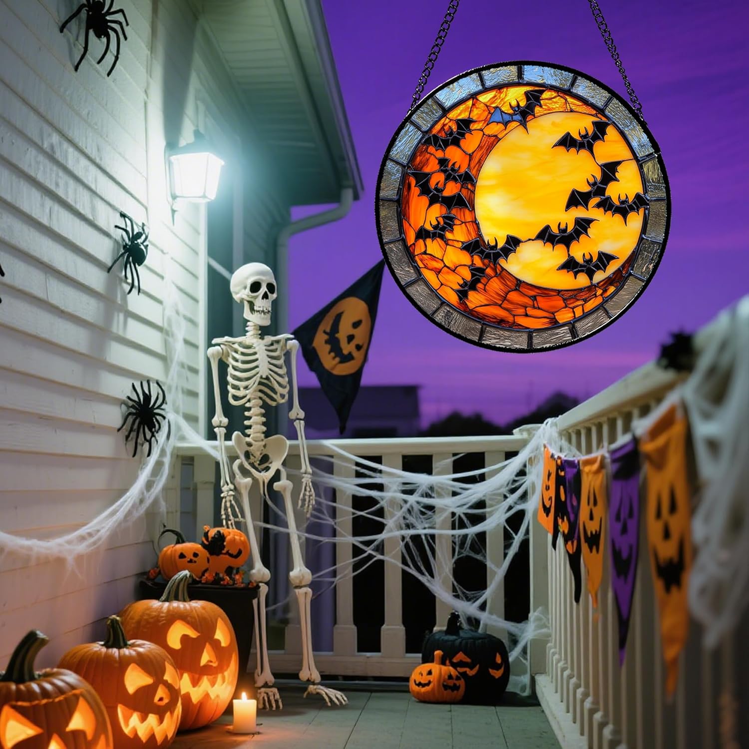 Stained Glass Window Hanging Halloween Yellow Moon Horror Black Bats 7.8" - Gothic Home Decor Suncatcher Door Sun Catcher Birthday Christmas Fear Gifts for Mom Men Woman Nana Friend - Image 5