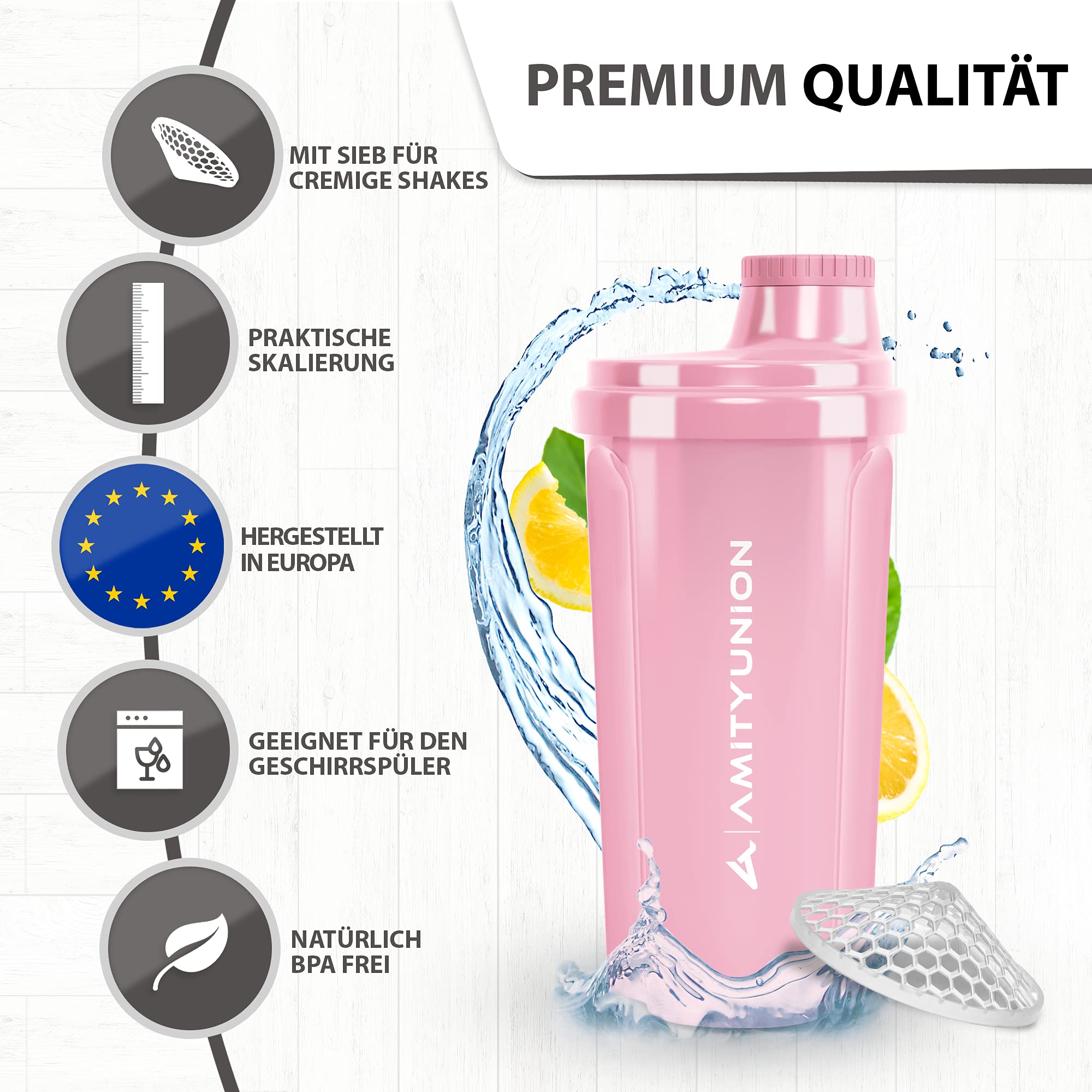 AMITYUNION Shaker per proteine 500 ml Heaven a prova di perdite, senza BPA con setaccio cliccabile e scala per frullati cremosi di siero di latte, shaker per proteine, originale in Rosa corallo