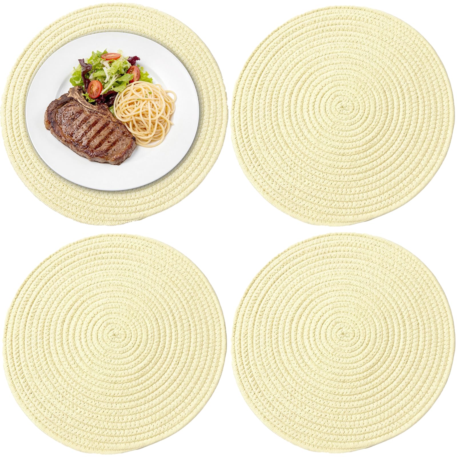JDF3EE 4PCS Table Mats, Round Cotton Braided Woven Placemats, Heat Resistant Plate Placemats, Easy to Clean, Washable, Thick Protects the Table for Dining Outdoor Garden Table(34CM，Off-white)