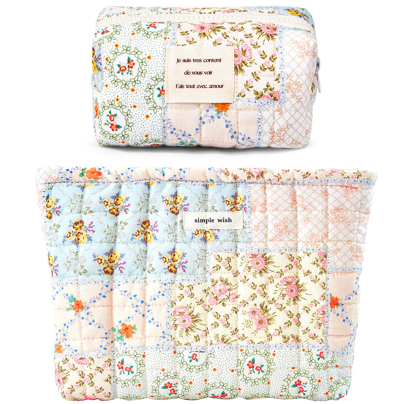 Sminra 2 Pieces Floral Makeup Bag, Cute Travel Quilted Pouch Cosmetic Bag Organizer, Small Cotton Coquette Aesthetic Purse Toiletry Bag for Women