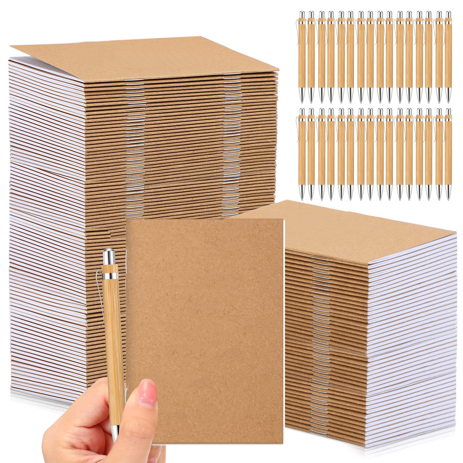 Kisston 50 Sets Mini Pocket Notebook with Pens Bulk Employee Appreciation Notebook Gifts Small Memo Notepad with Bamboo Pens for Team Volunteer Nurse