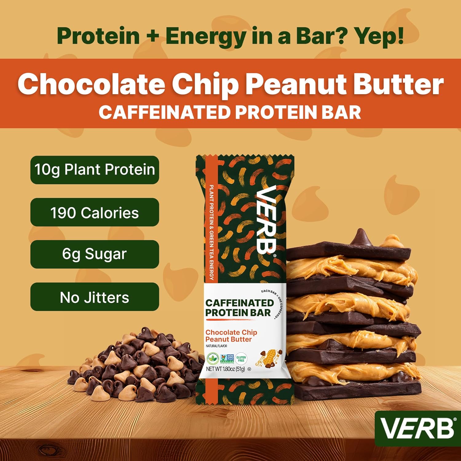 Verb Energy - Caffeinated Protein Bars Chocolate Chip Peanut Butter 10g Plant Based Protein Bars High Protein - Vegan Snack - Gluten Free Breakfast Snack with Organic Green Tea, 51g (Pack of 12)
