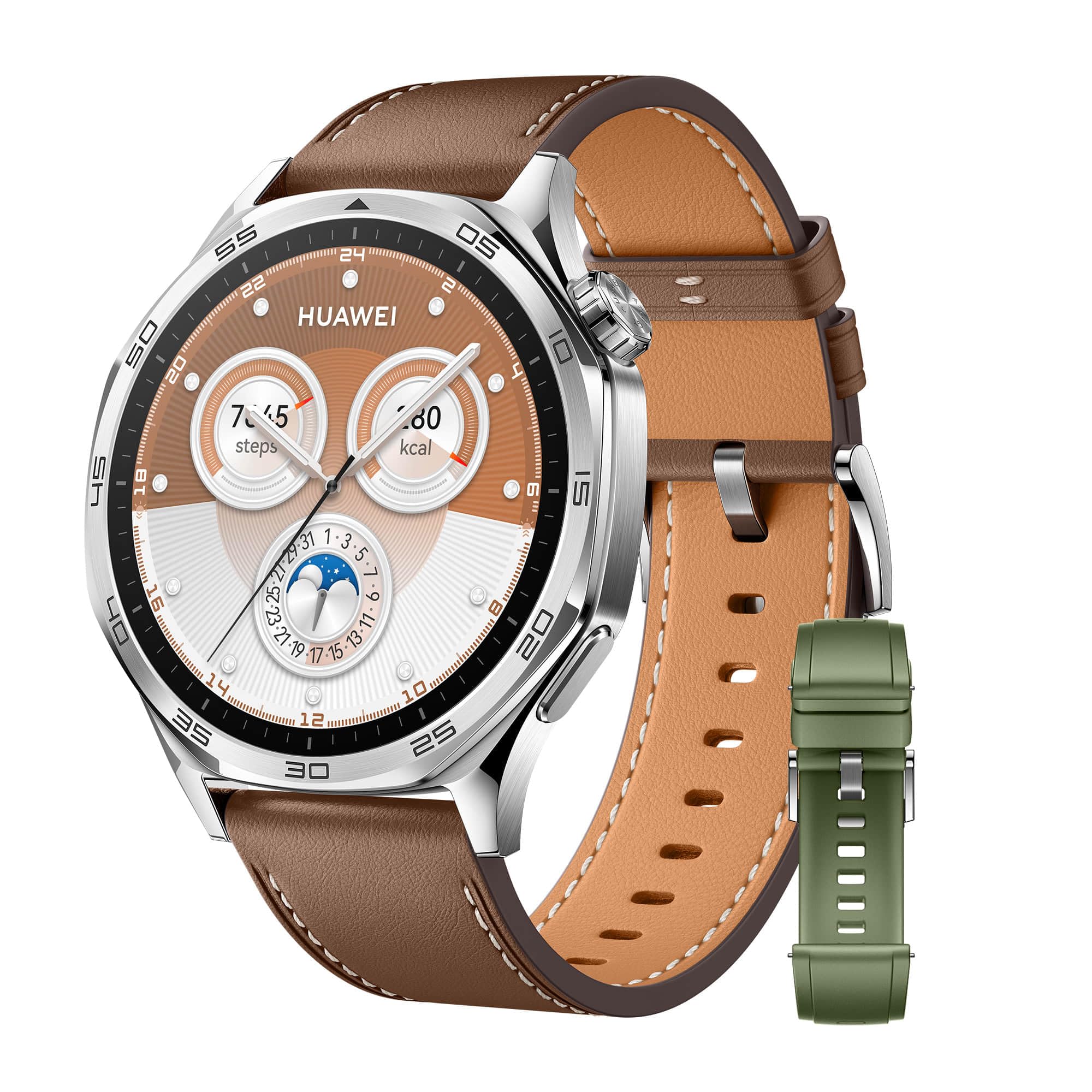 HUAWEI Watch GT 5 46mm Cuero Marrón + Correa de Fluoroelastómero EasyFit 3 Verde Abeto (46mm)