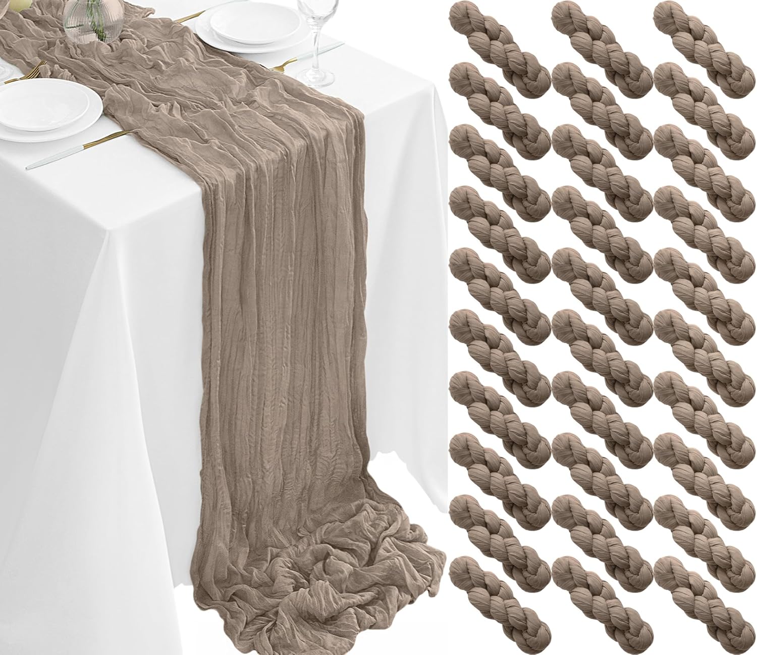 30Pack Nude Table Runner 10FT Cheesecloth 35x120inch Cheese Cloth Runners Rustic Boho Gauze for Party Wedding Birthday Dining Bridal Shower Baby Decor 30PCS-10FT