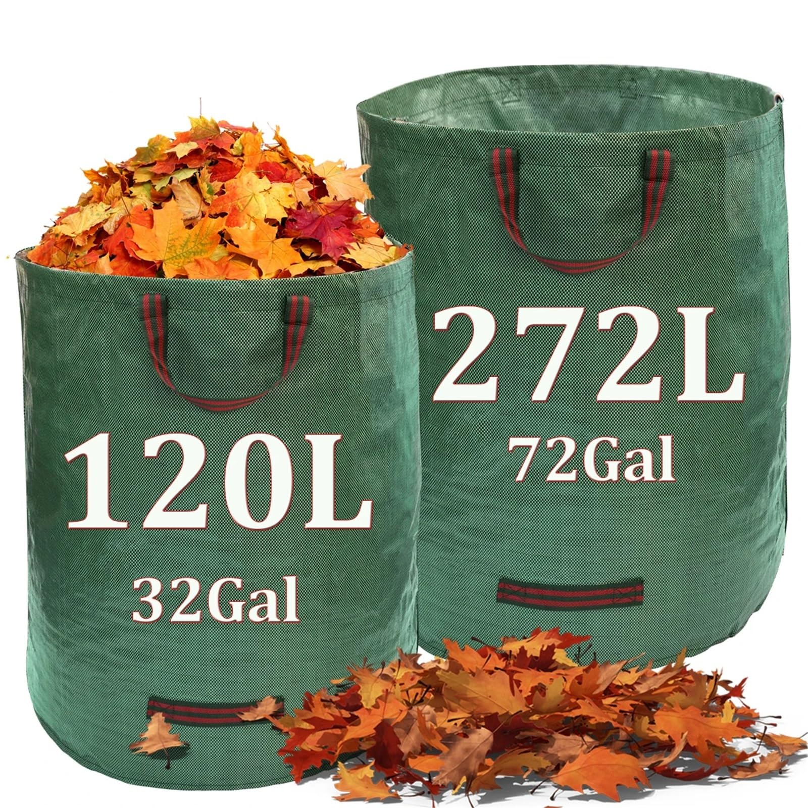 2 Stück 32/72 Gallonen Gartenabfallsack, große Kapazität, Laubkorbsack mit Griff, wiederverwendbar/zusammenklappbar, Rasenmüllsack Für Grünschnitt Laub(272L)