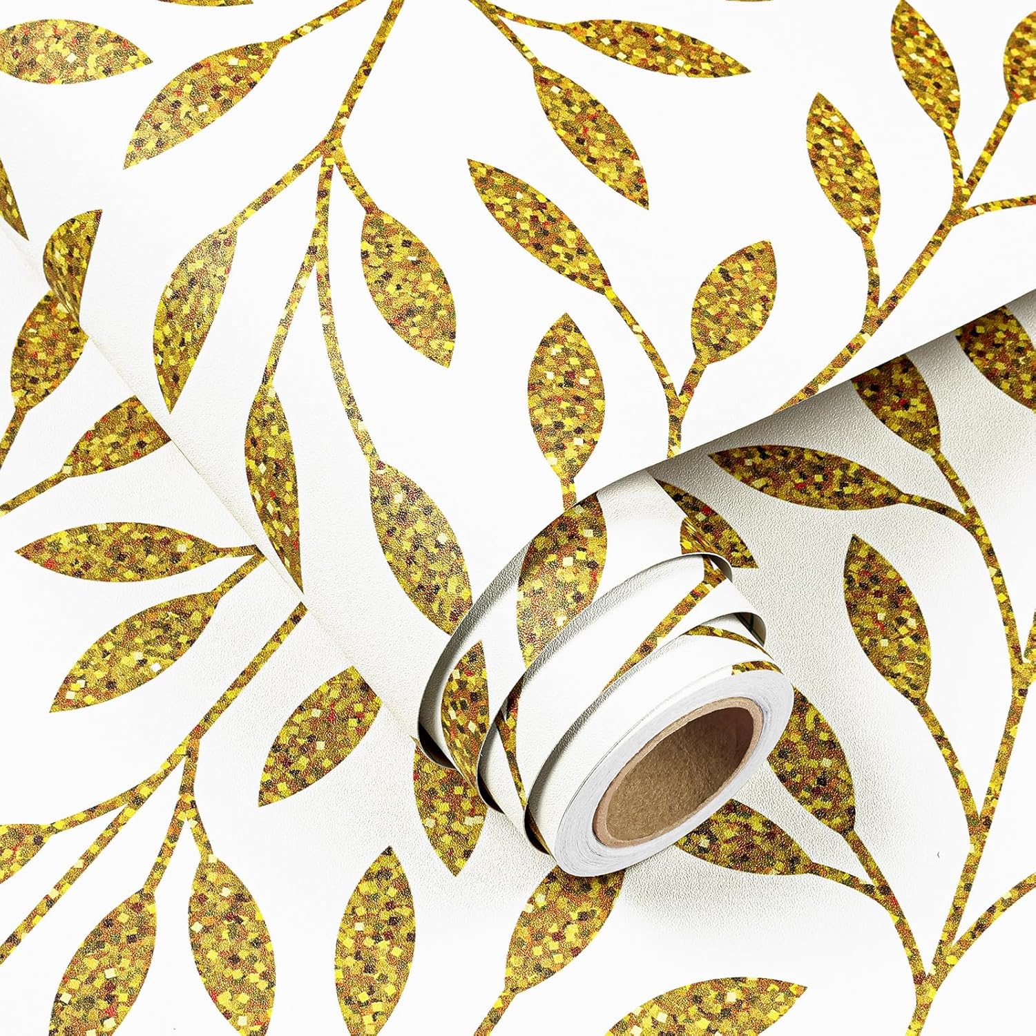 FunStick 17.5x354 White and Gold Peel and Stick Wallpaper Modern Gold Botanical Ditsy Leaves Wallpaper for Bathroom Accent Wall Paper Self Adhesive Vinyl Leaf Kitchen Cabinet Contact Paper Decorative