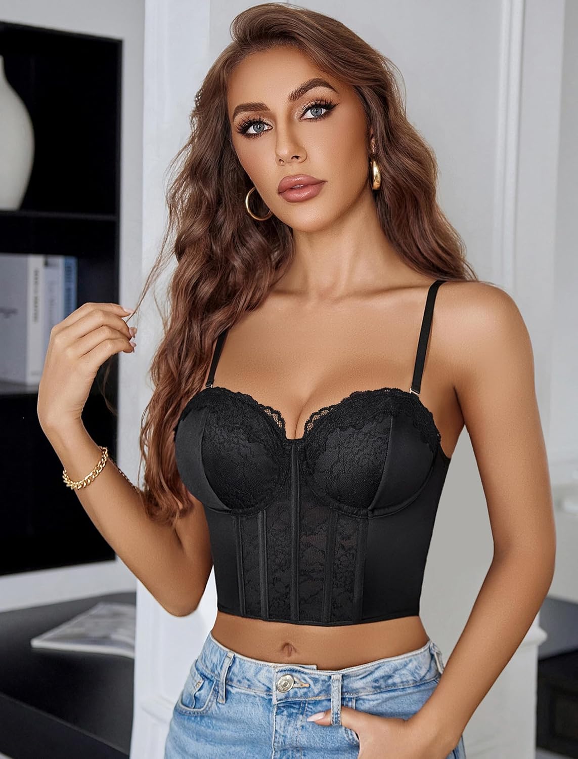 Avidlove Bustier Tops for Women V Neck Lace Bralettes Corset with Underwired Sexy Concert Crop Top Black - Image 5