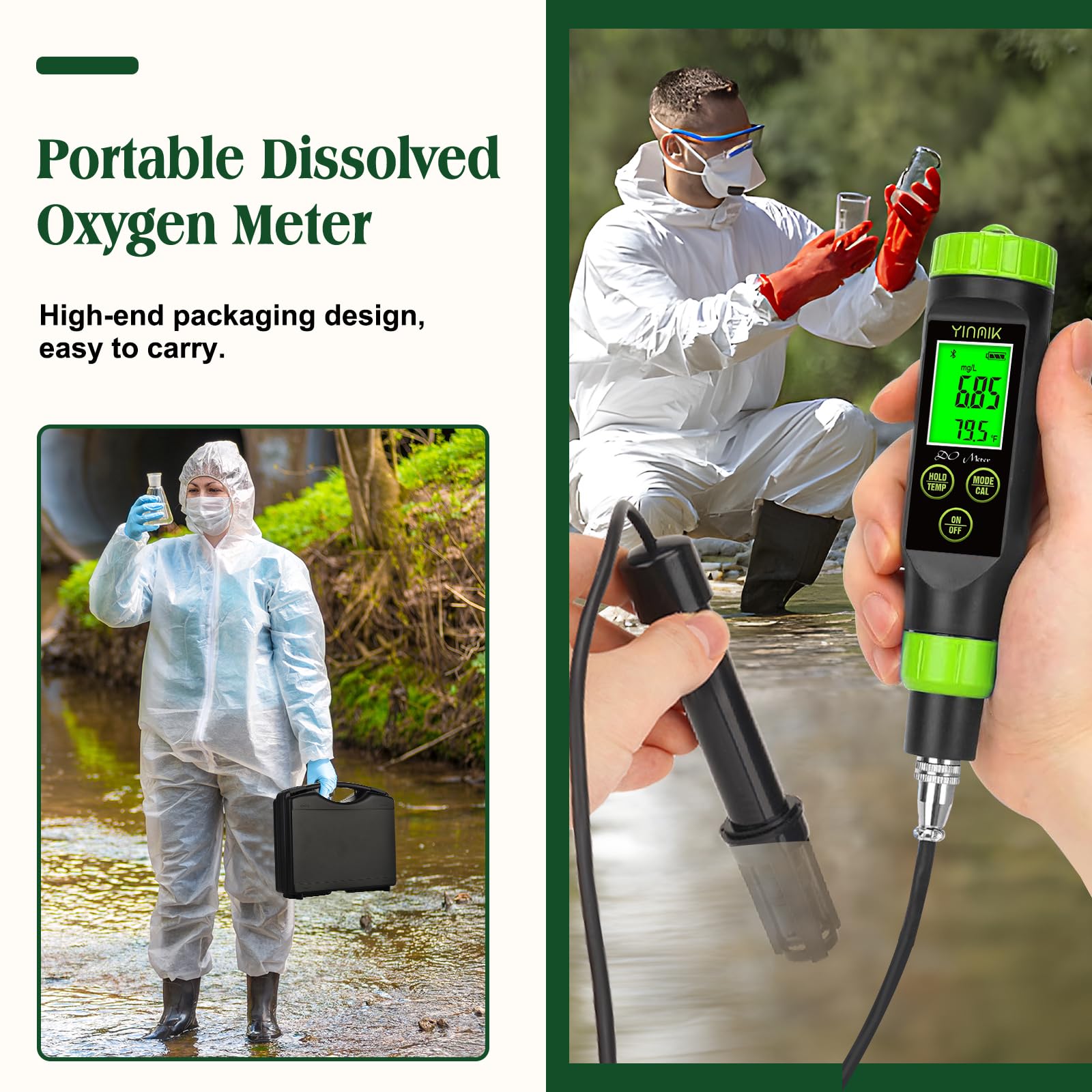 YINMIK Medidor de Oxígeno Disuelto Portátil Para Estanque, Kit de Prueba Digital de Oxígeno Disuelto Para Pecera, Analizador de Oxígeno Con Sonda de 3 m Para Acuario de Estanque Koi, Acuaponia