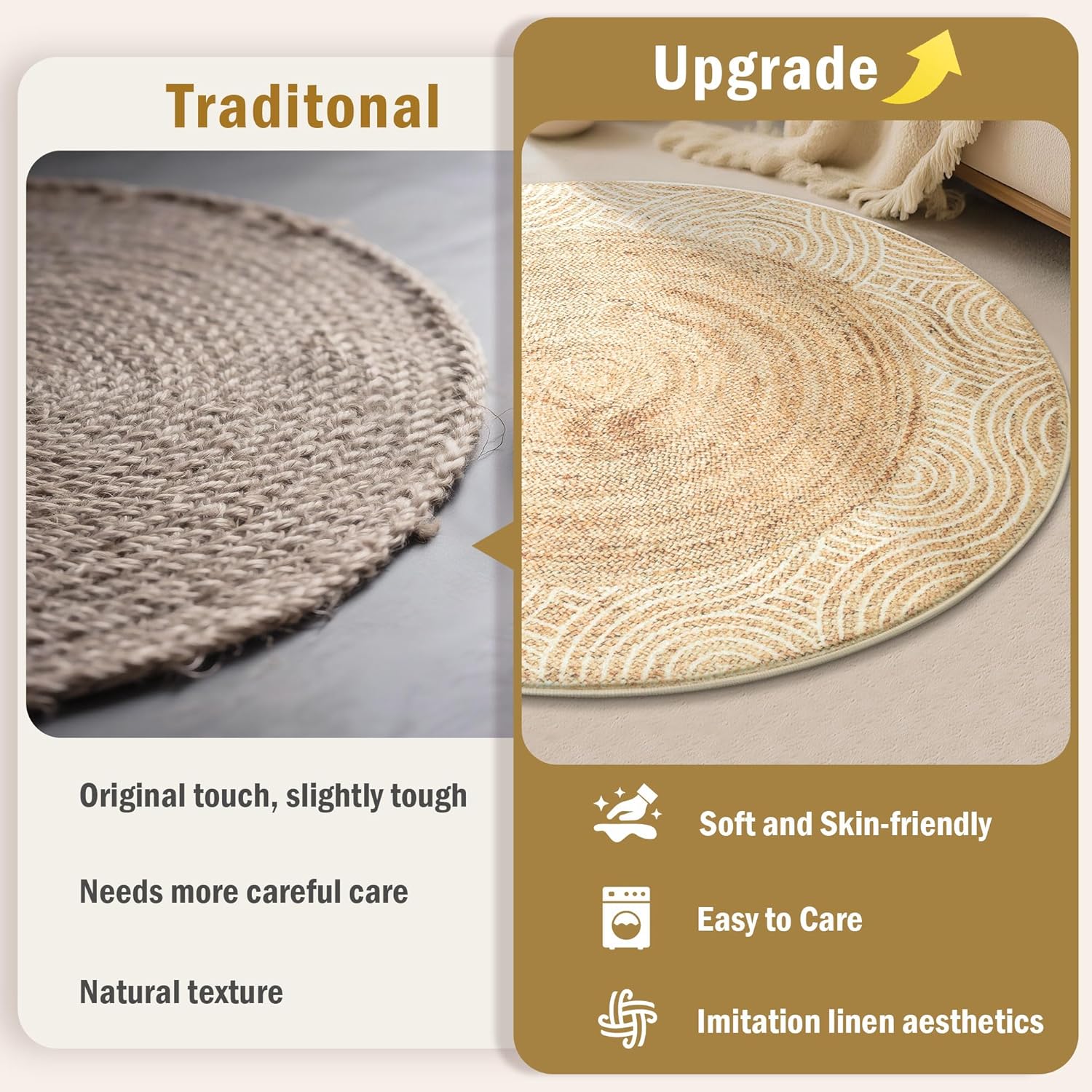 Carvapet 2 ft Round Washable Rug, Imitation Jute Low Pile Circle Carpet with Non Slip Rubber Backing, Foldable Stain Resistant Area Rug for Living Room Bedroom Office Bathroom