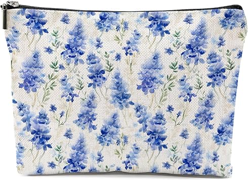 Vintage Texas Bluebonnet Makeup Bag,Texas Bluebonnet Decor, Cottagecore Blue Floral Cosmetic Toiletry Bags Decor, Spring Wildflower Makeup Zipper Pouch1