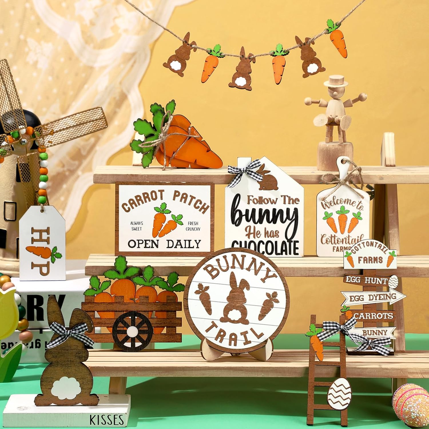 Marsui Easter Tiered Tray Decor Happy Easter Tiered Tray Ornament Rustic Farmhouse Spring Sign Bunny Truck Gnome Egg Wooden Sign for Home Table Decor(Carrots) - Image 5