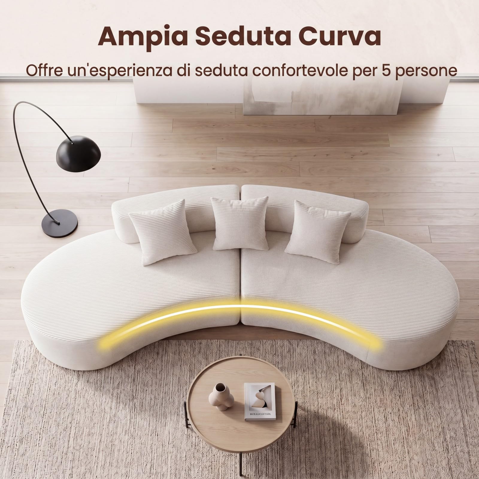COSTWAY Divano Modulare 5 Posti, Divano Curvo in Velluto a Costa con 3 Cuscini e Schiuma ad Alta Elasticità, Divanetto da Pavimento Imbottito per Soggiorno e Camera da Letto, 305,5 x 132 x 63 cm