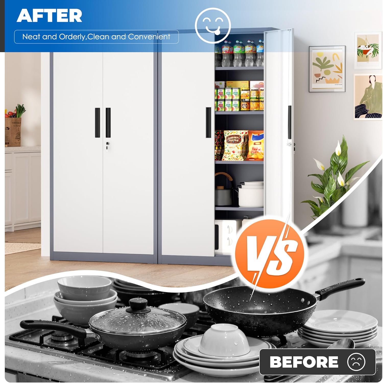 INTERGRAET 63" Tall Pantry Cabinet,Kitchen Pantry Storage Cabinets with 2 Doors and 4 Shelves,Gray White Metal Storage Cabinet,Cupboard for Home,Kitchen,Living Room/Dining