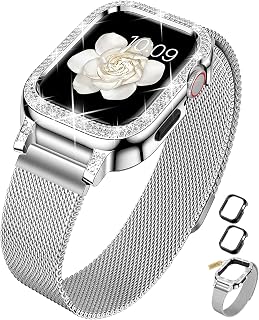 XYF Bling Bands Compatible for Apple Watch Band 44mm for Women with Bumper, Stainless Steel Mesh Magnetic Luxury Diamond Jewelry Milanese Strap Dressy iWatch Loop Series 6 / SE 5 4 (44mm, Silver)