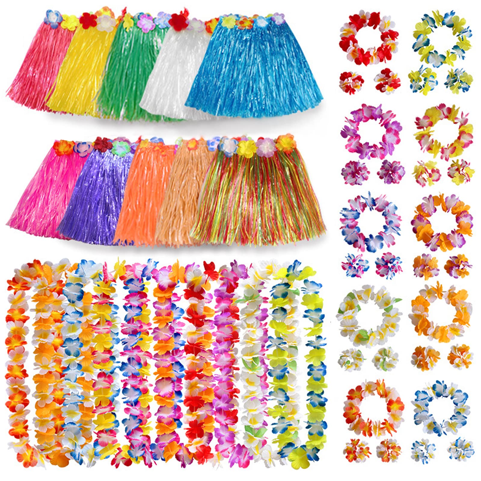 40STK Hawaii Rock Hula Party Bastrock Set mit 8 Elastisches Blumen Rock Hawaii Kostüm,8 Blumenkette,8 Stirnbändern und 16 Armbändern,Hawaii Party Kostüm Set für Sommer-Strandparty-Dekorationen