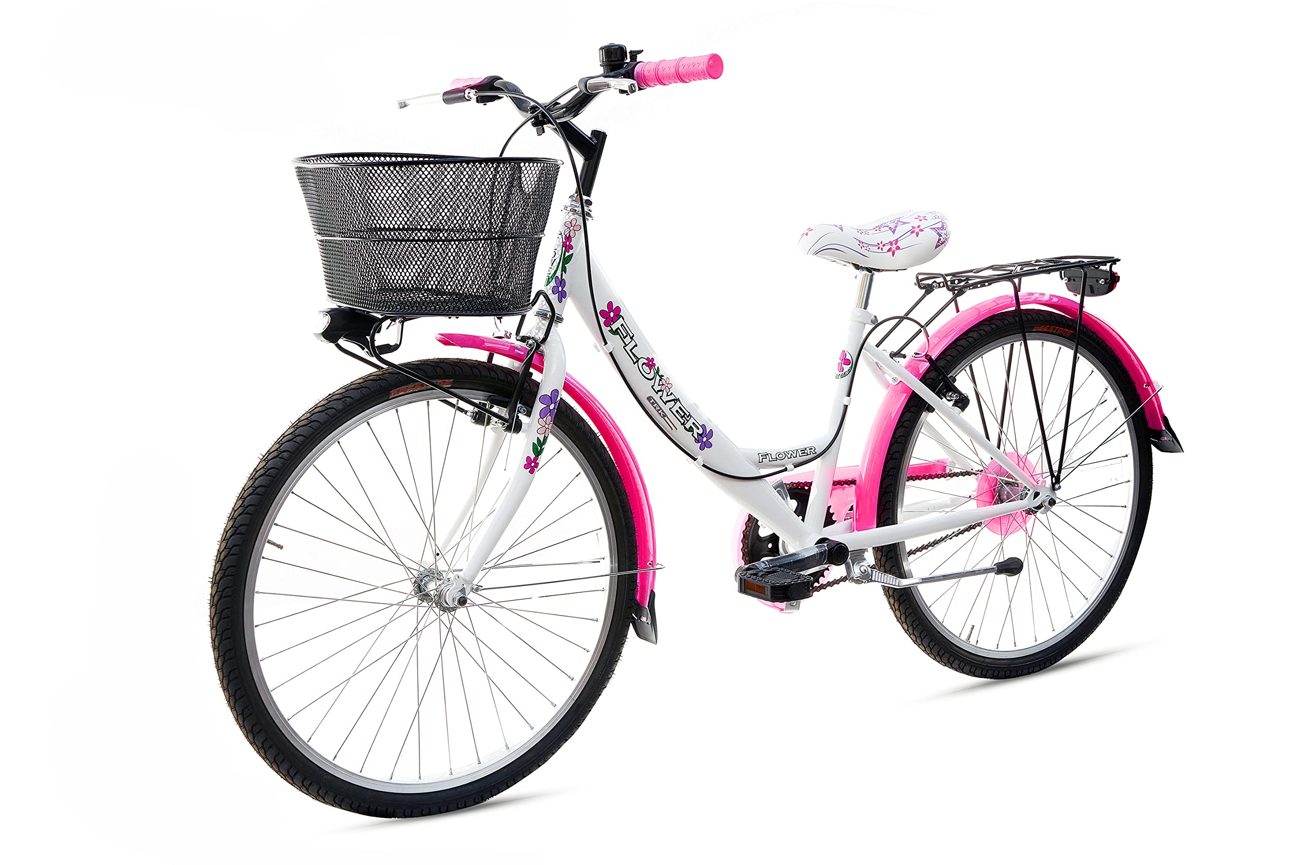 MADICKS Bicicletta Bambina Ragazza da Passeggio Misura 24 Bici con Cestino Floreale Bianco Rosa Fluo