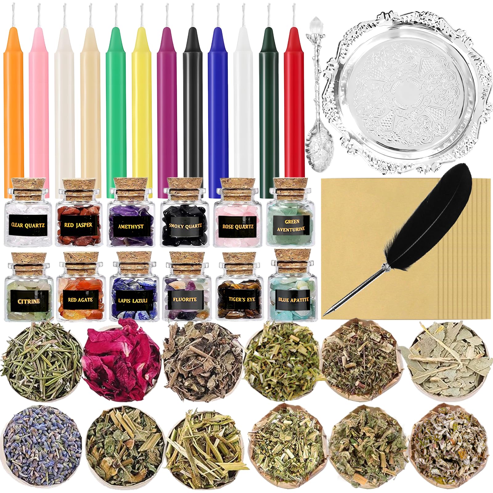 Rileryan 51 PCS Witchcraft Supplies Kit Wiccan Altar Supplies and Tools Witch Crafts Supplies Spell Kit Mini Crystals Witch Candles Witchy Gifts for Women Halloween Acessories