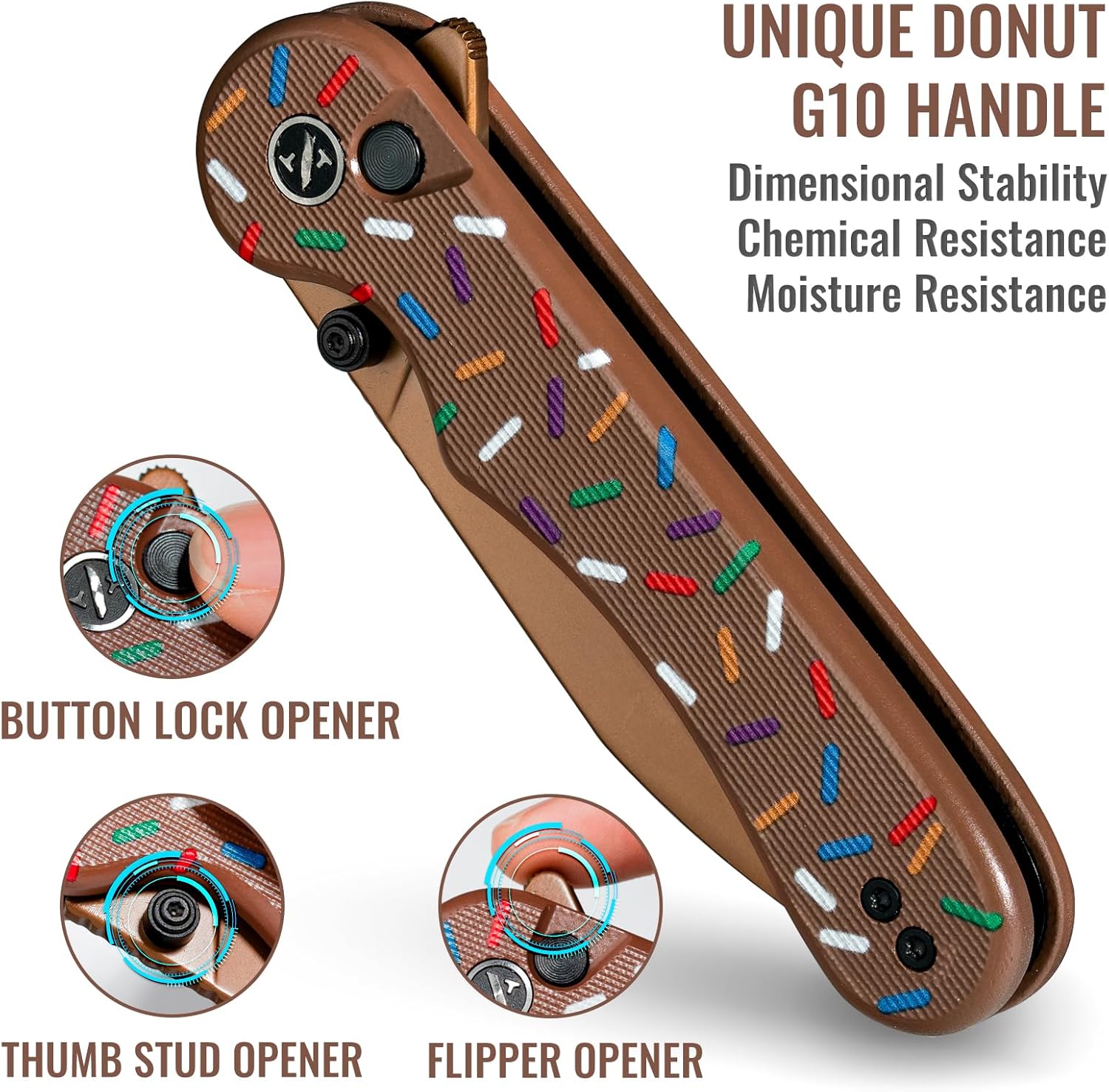 NedFoss Donut Pocket Knife, 2.9" 14C28N Steel Blade Button Lock Knife with Cute Chocolate Doughnut Design G10 Handle, Small EDC Folding Knife with Reversible Deep Carry Clip