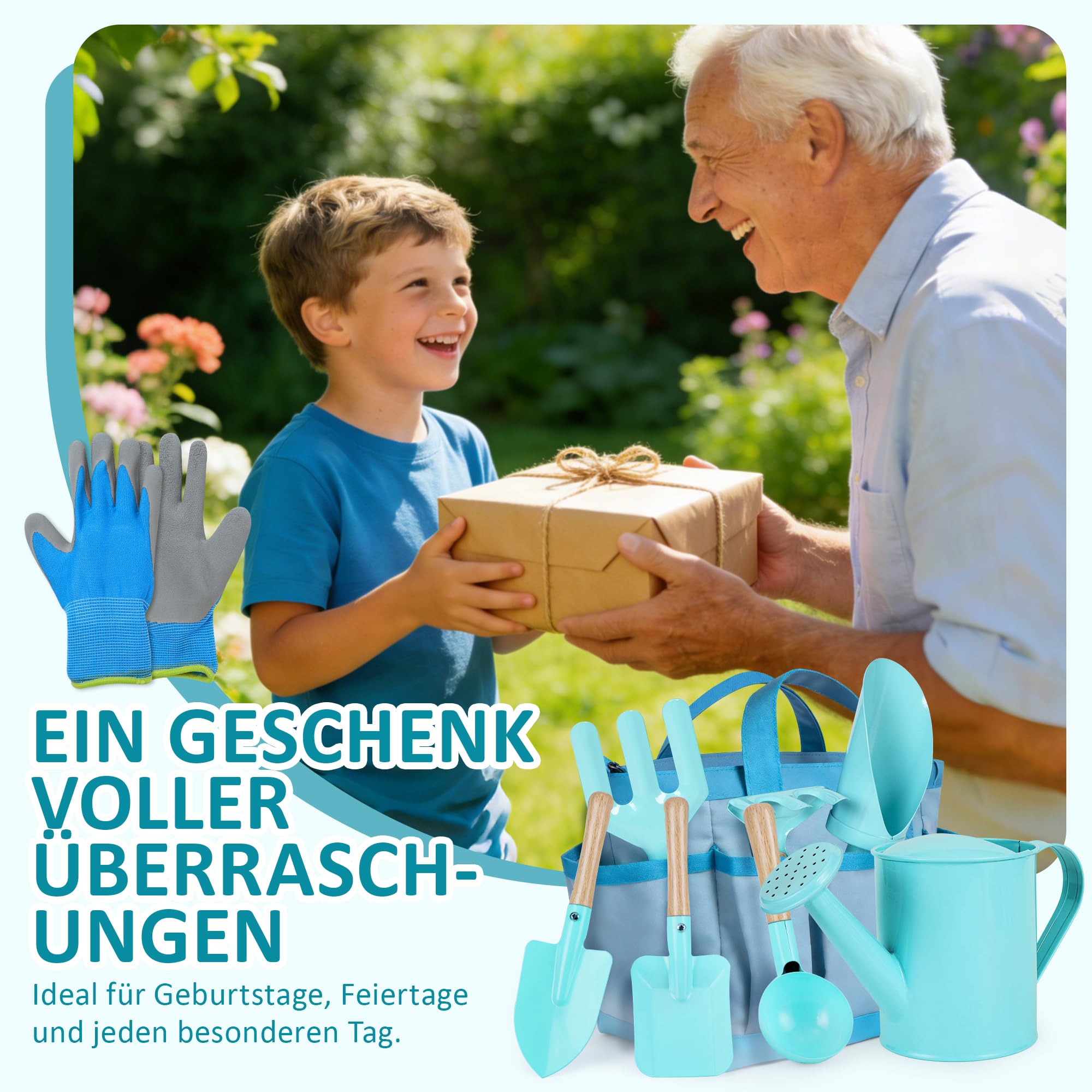cossy Gartenset für Kinder, 13-teilige Gartenwerkzeug Set, Gartengeräte für Kinder Kleinkinder Jungen & Mädchen, Inklusive Tragetasche, Gießkanne, Schaufeln, Rechen, Gartenhandschuhe, Schürze, Blau