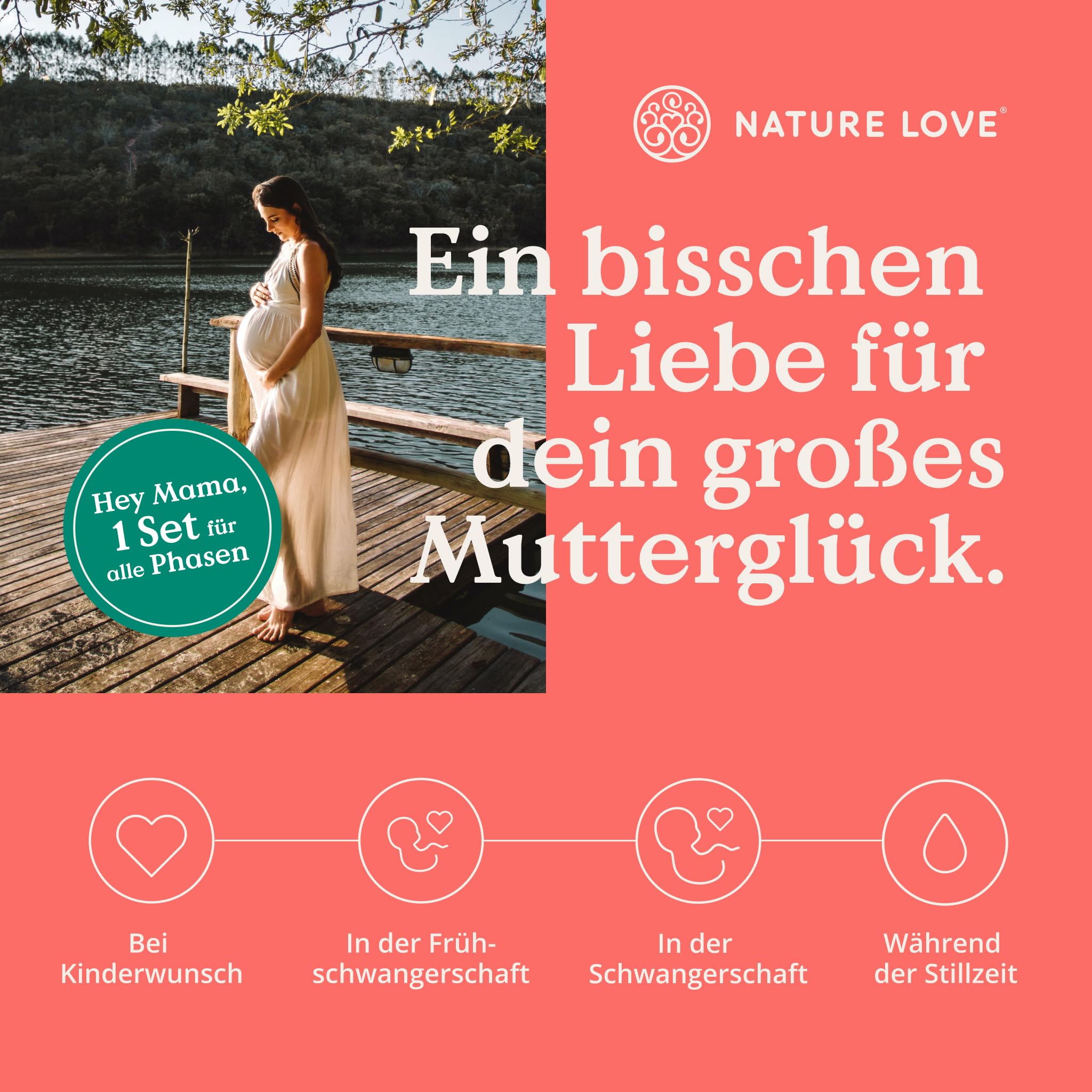 NATURE LOVE® Hey Mama Schwangerschaftsvitamine - von Kinderwunsch bis Stillzeit - 3 Monate Reichweite - Folsäure, Omega 3, Vitamine, Mineralstoffe - vegan - laborgeprüft & in Deutschland produziert