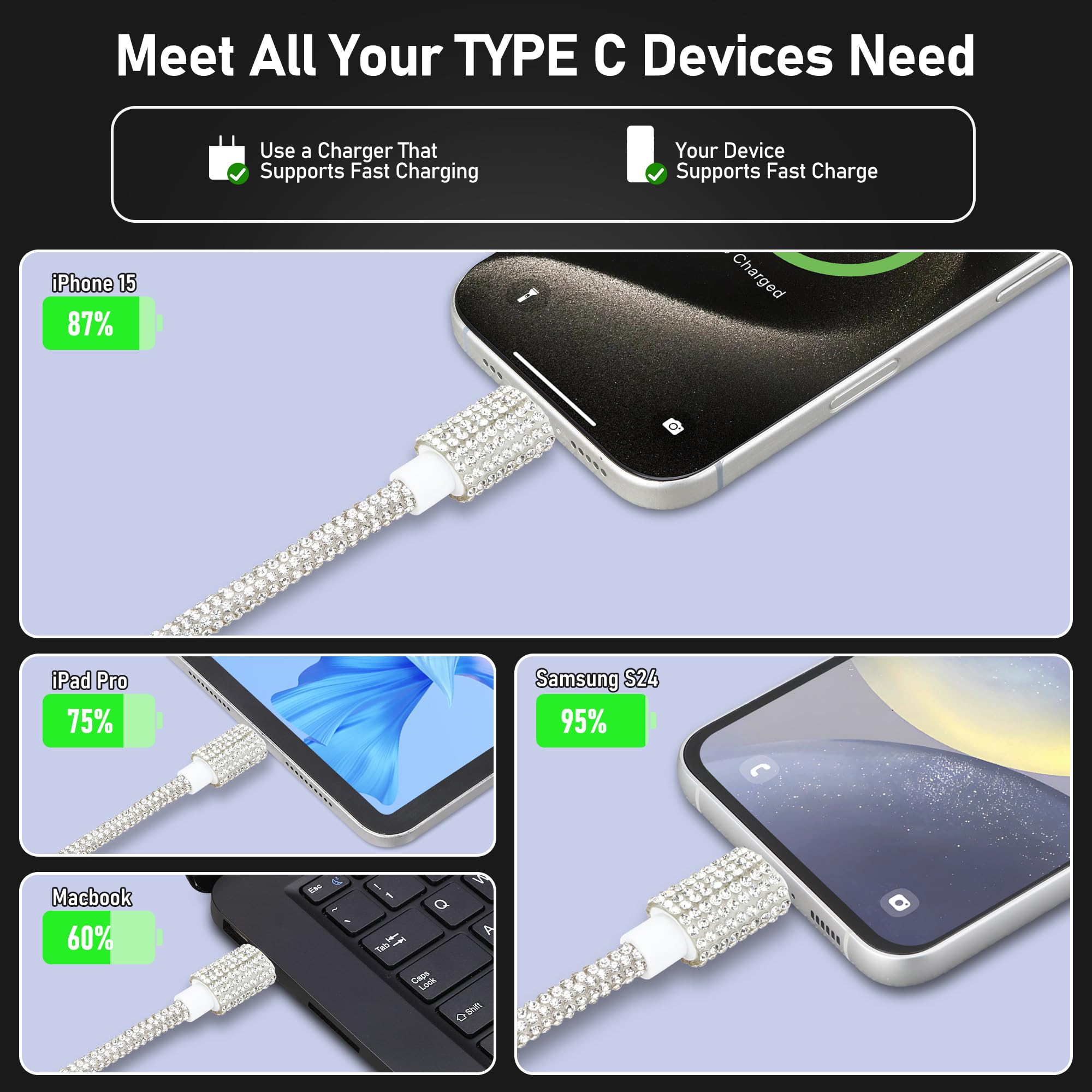 Cavo di ricarica rapida da USB C a USB C, cavo di tipo C per iPhone 16 Plus Pro Max, in nylon intrecciato con strass, per iPhone 16E, 15 Plus, Pro Max, iPad Air, Samsung S25, S24