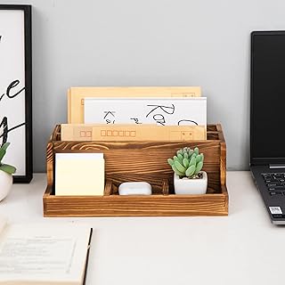 Rustic Brown Wood Mail Organizer Stationery Sorter Letter Holder Office Supply Storage Caddy 2 Slots 3 Trays Desktop Envelope Document Notepad Countertop Daily Accessories Table Home Entryway