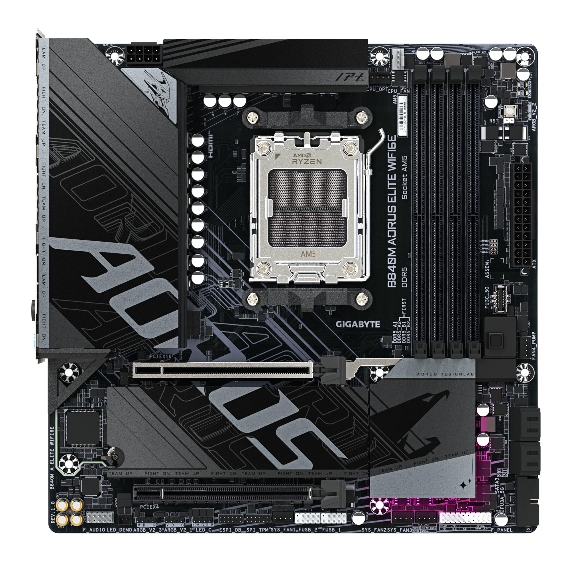 GIGABYTE B840M AORUS ELITE WIFI6E Scheda Madre – CPU AMD Ryzen 9000, VRM a 10+2+2 fasi, fino a 8200 MHz DDR5 (O.C.), 2 x M.2 PCIe 4.0, Wi-Fi 6E, LAN 2.5 GbE, USB 3.2 Gen 2